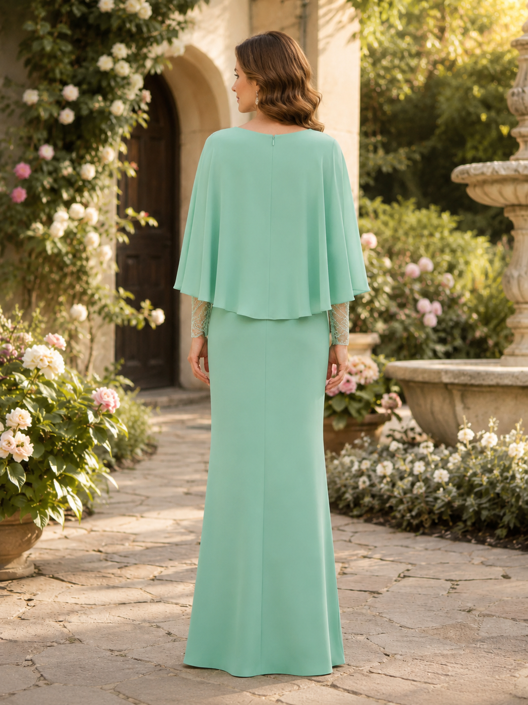 Mint Green Crepe Chiffon Crew Neck Mermaid Maxi Mother of the Bride & Groom Dresses