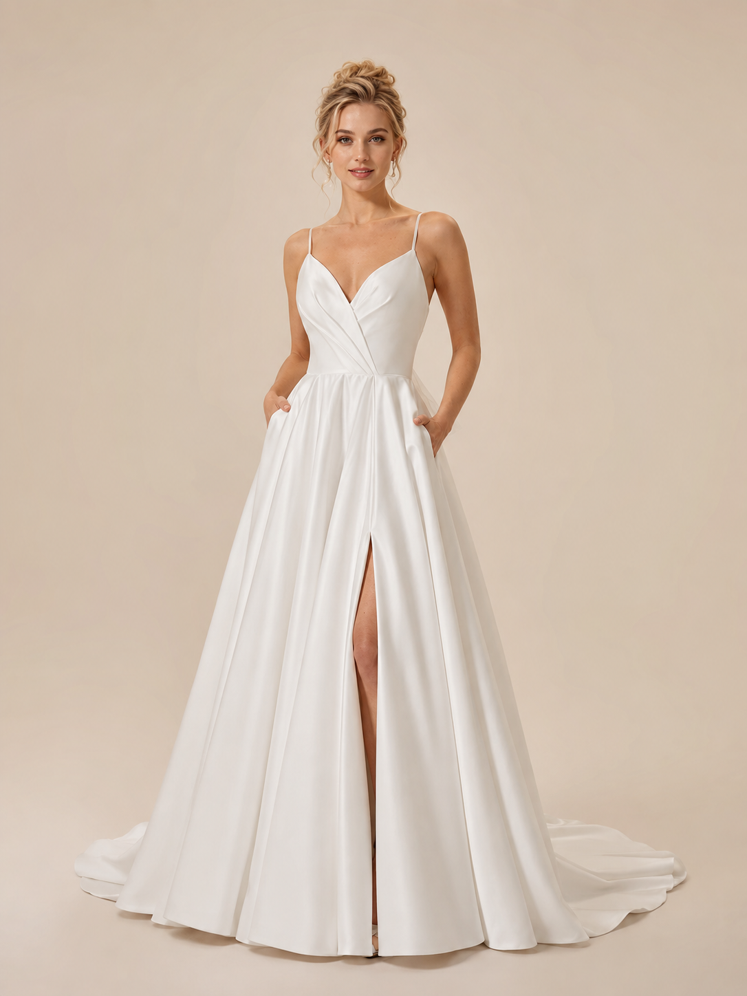 White V-Neck Spaghetti Straps Satin A-Line Wedding Dress with Tulle Bow Accent 