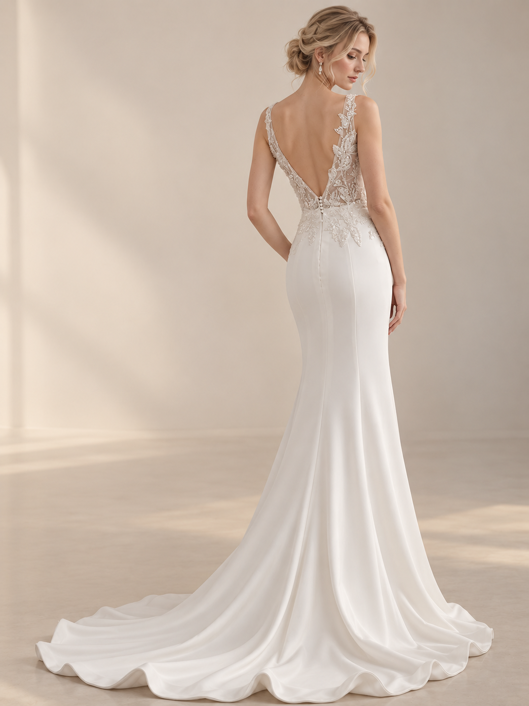 Luminous Ivory Beaded Lace V-Neck Sleeveless Mermaid Wedding Dress 