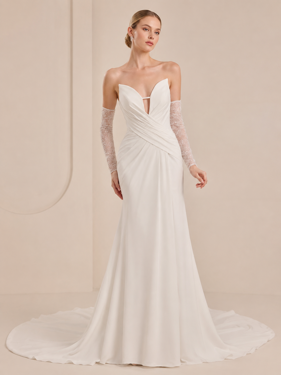 White Draped Sweetheart Crepe Mermaid Wedding Dress with Matching Lace Gloves 