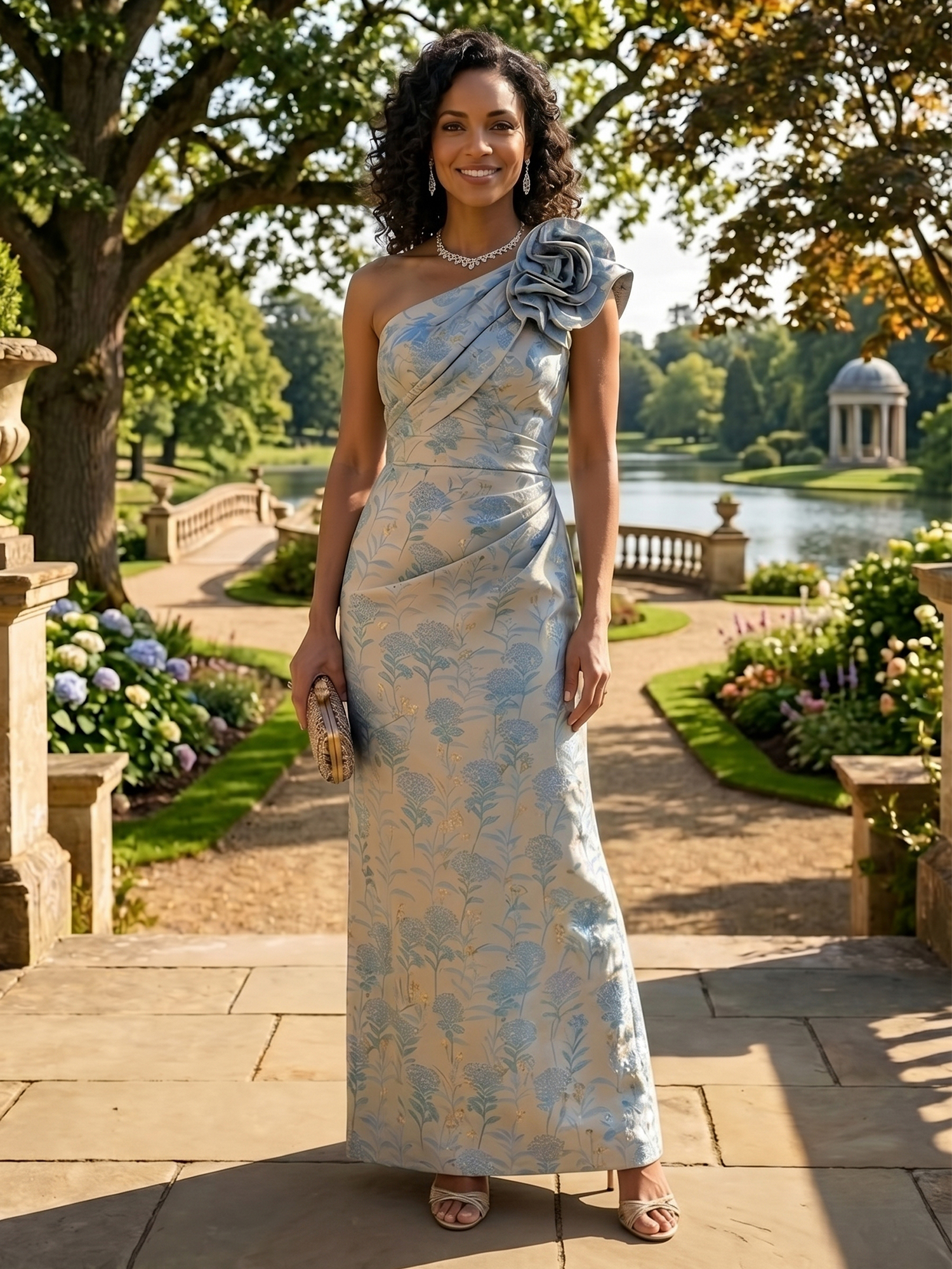 Blue One Shoulder Floor-Length Mother of the Bride Dresses with Flower 