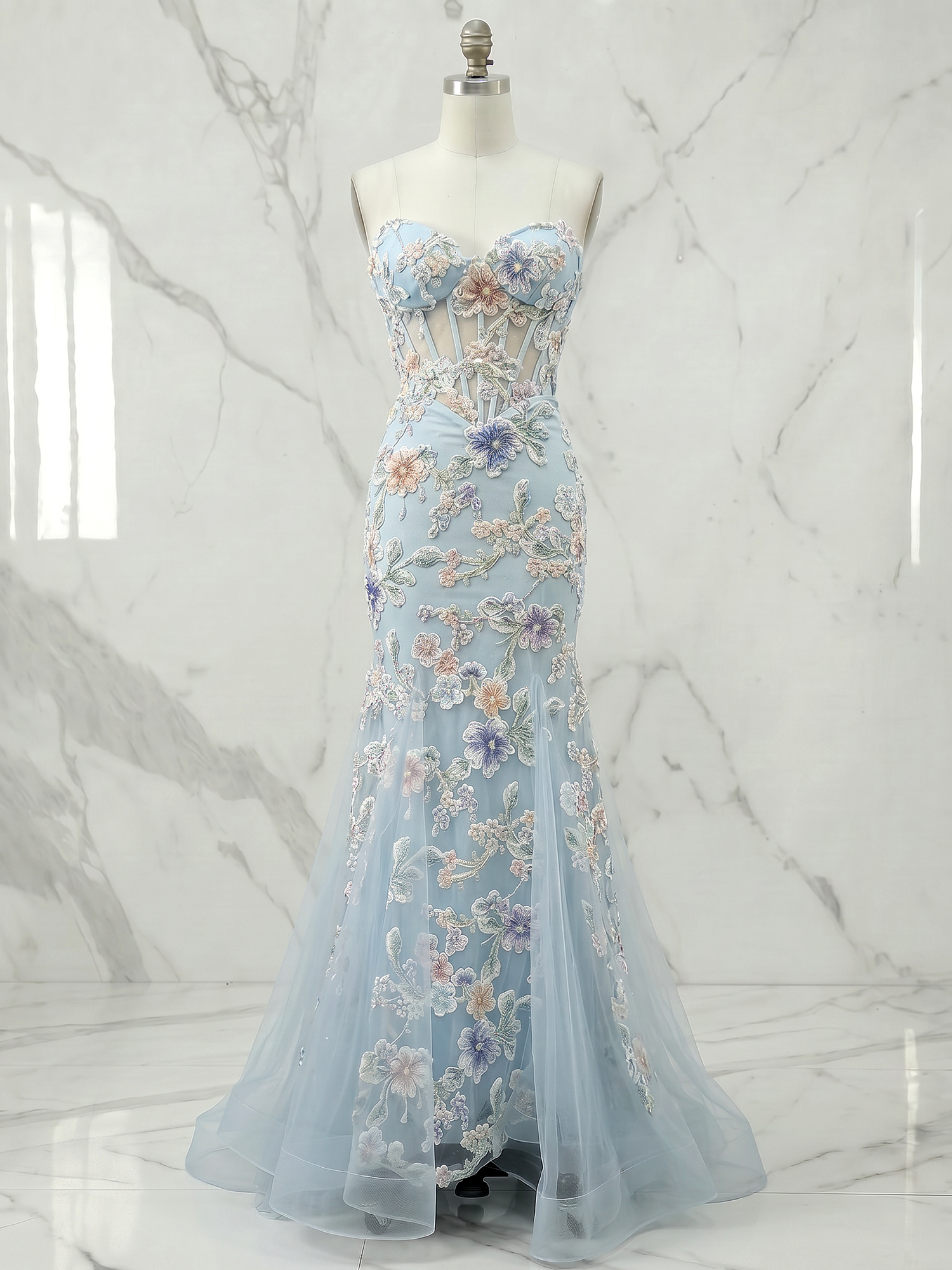 Ethereal Ocean Flora Corset Trumpet Gown