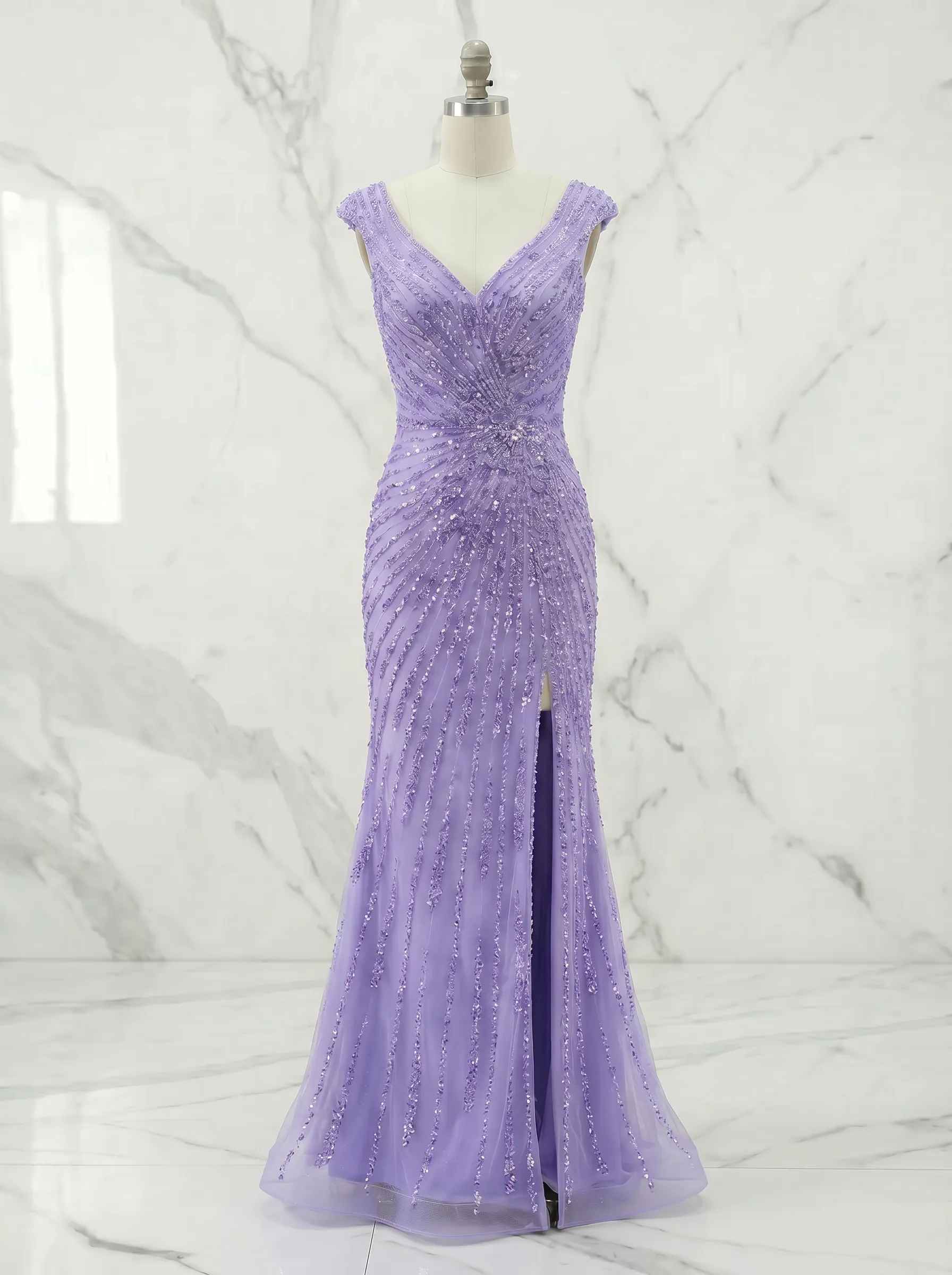 Off-the-Shoulder Beaded Mermaid Prom Gown with Front Slit