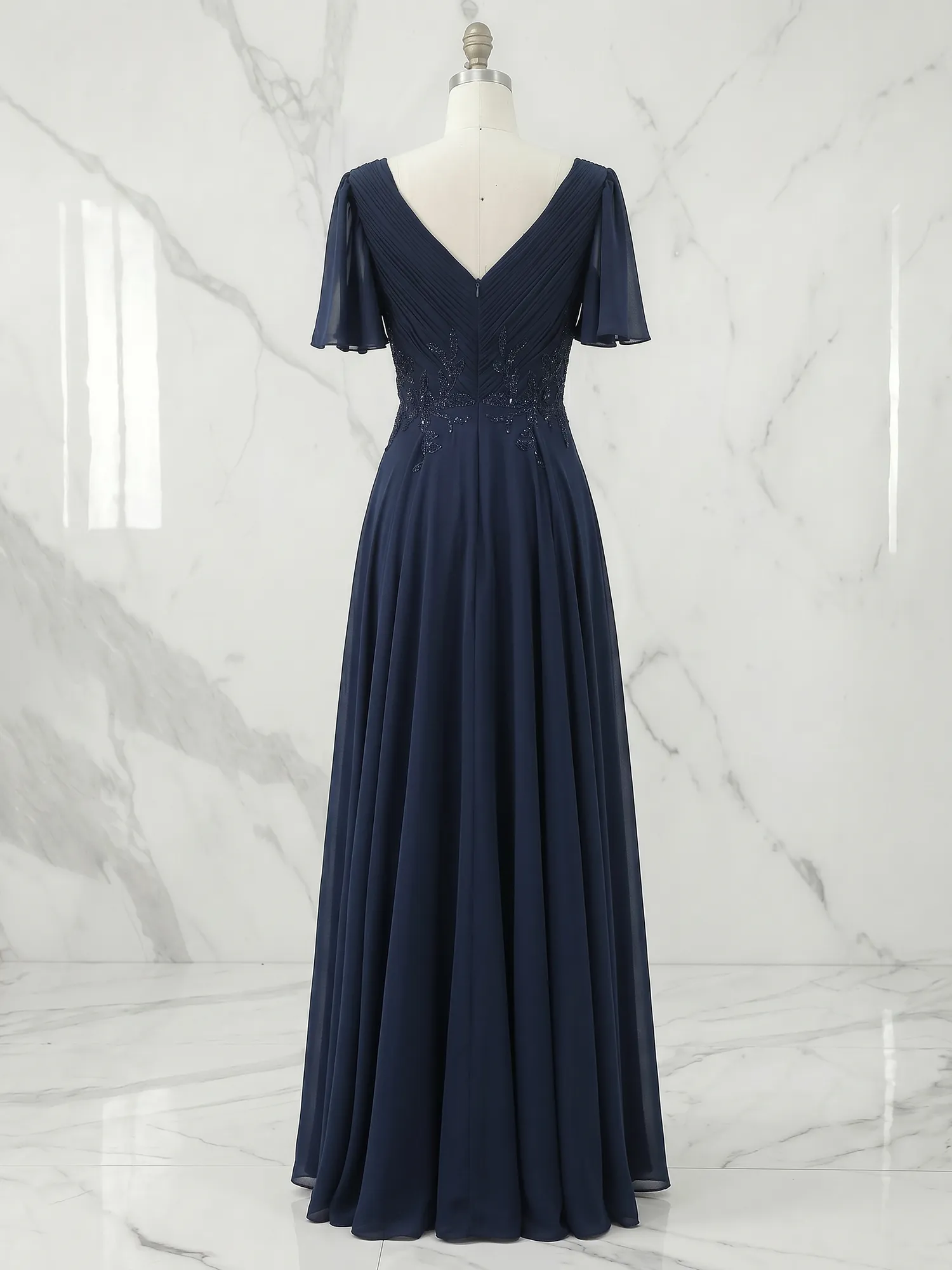 Navy Blue V-Neck Flutter Sleeve Beaded Chiffon Mother of the Bride Gown