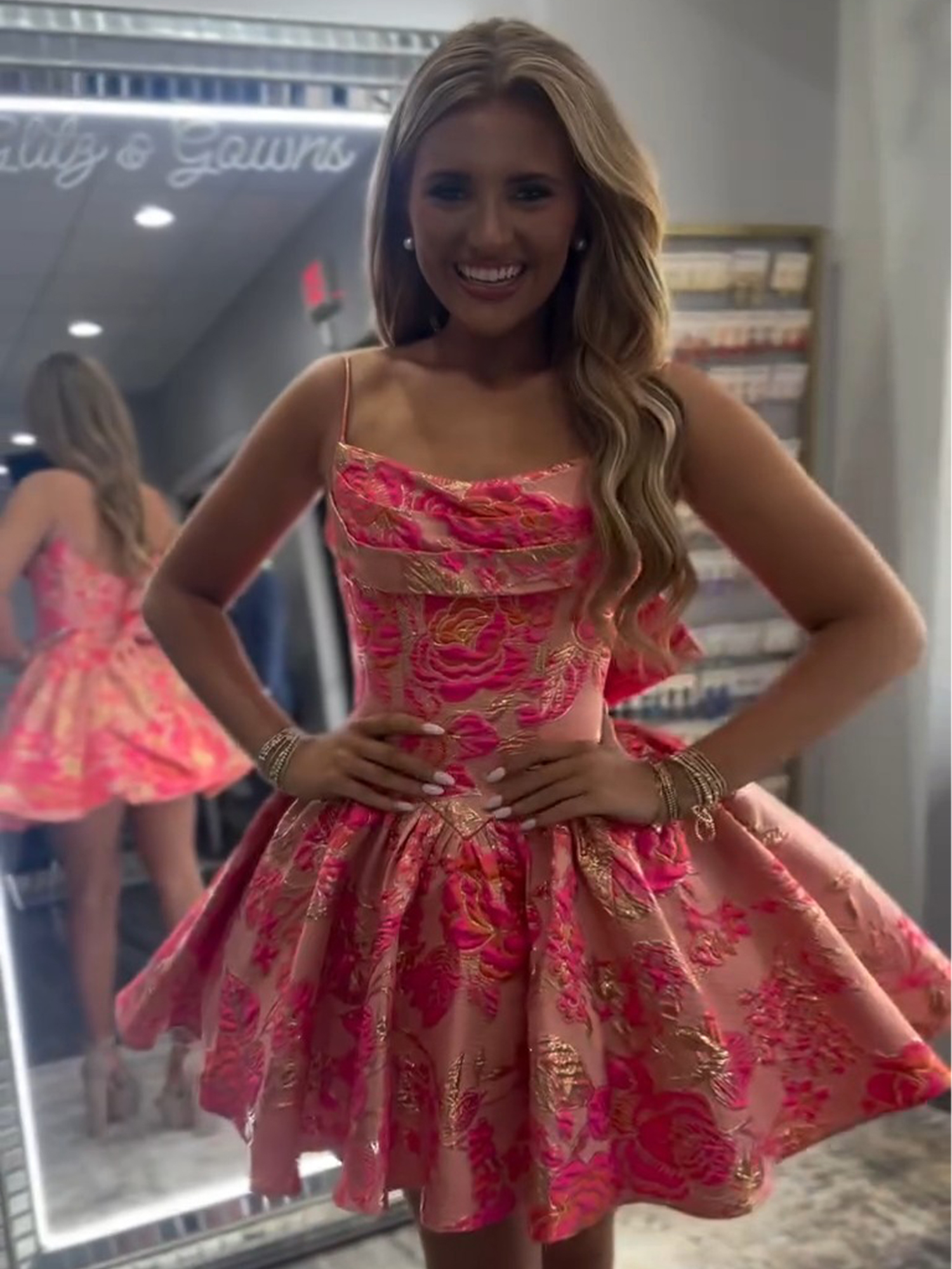 Fuchsia Floral Jacquard Spaghetti Strap Homecoming Dress with Bow