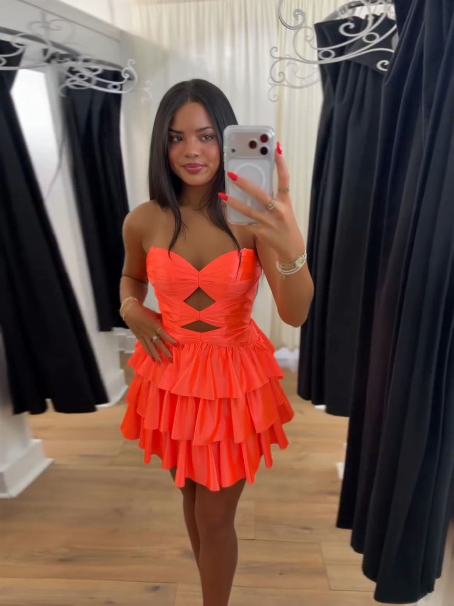 Neon Orange Strapless Cutout Tiered Ruffle Homecoming Dress