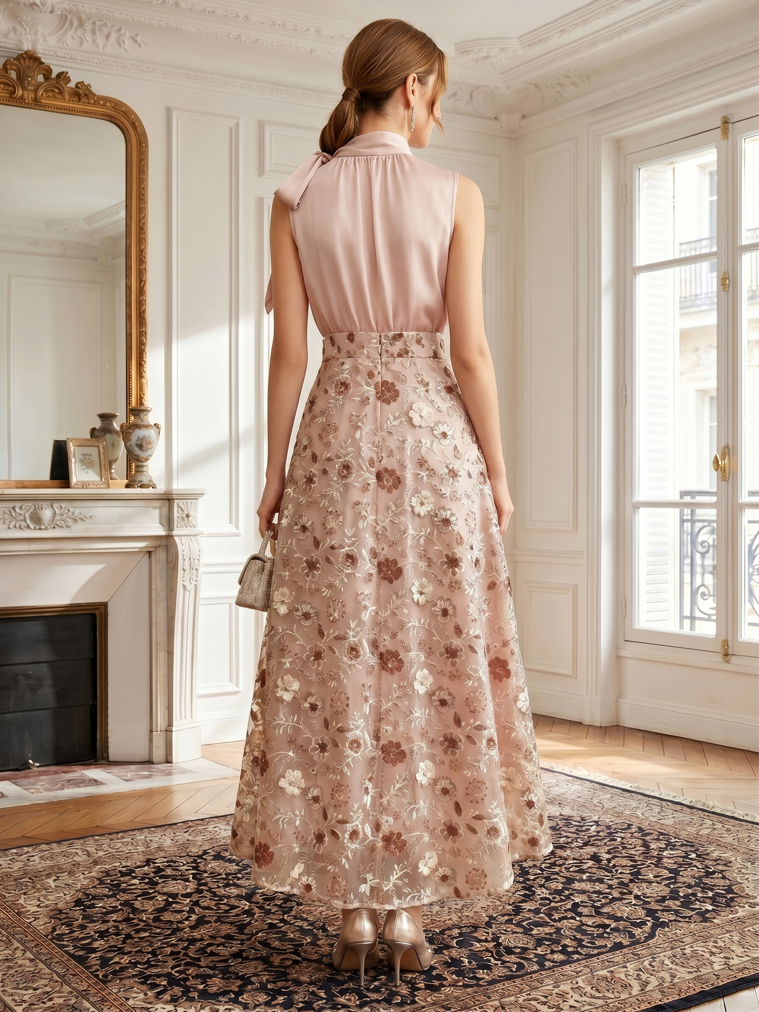 Refined Blush Embroidered Tie-Neck Evening Dress