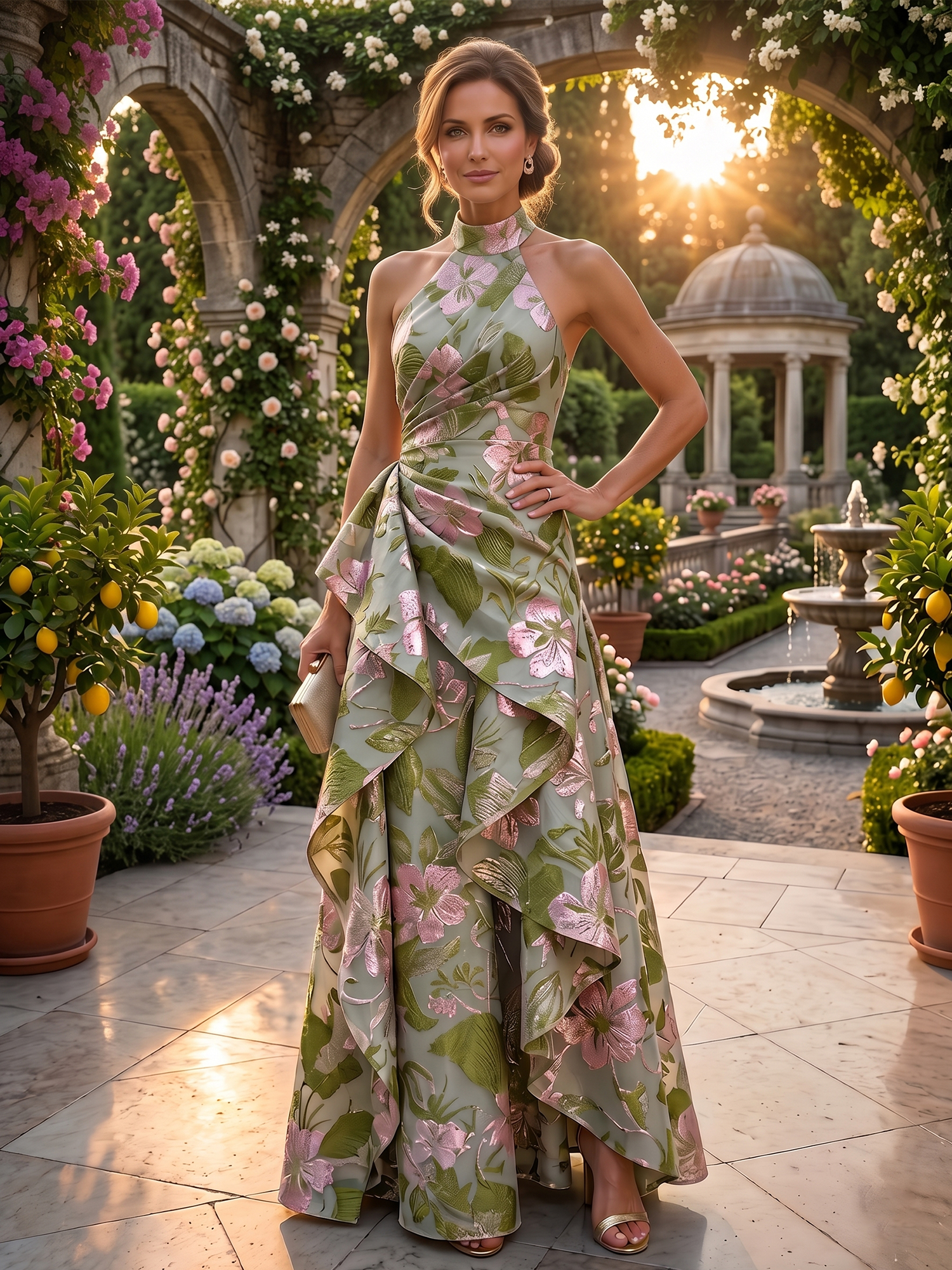 Sage Green Botanical Elegance Halter Neck Jacquard Mother of the Bride & Groom Dresses