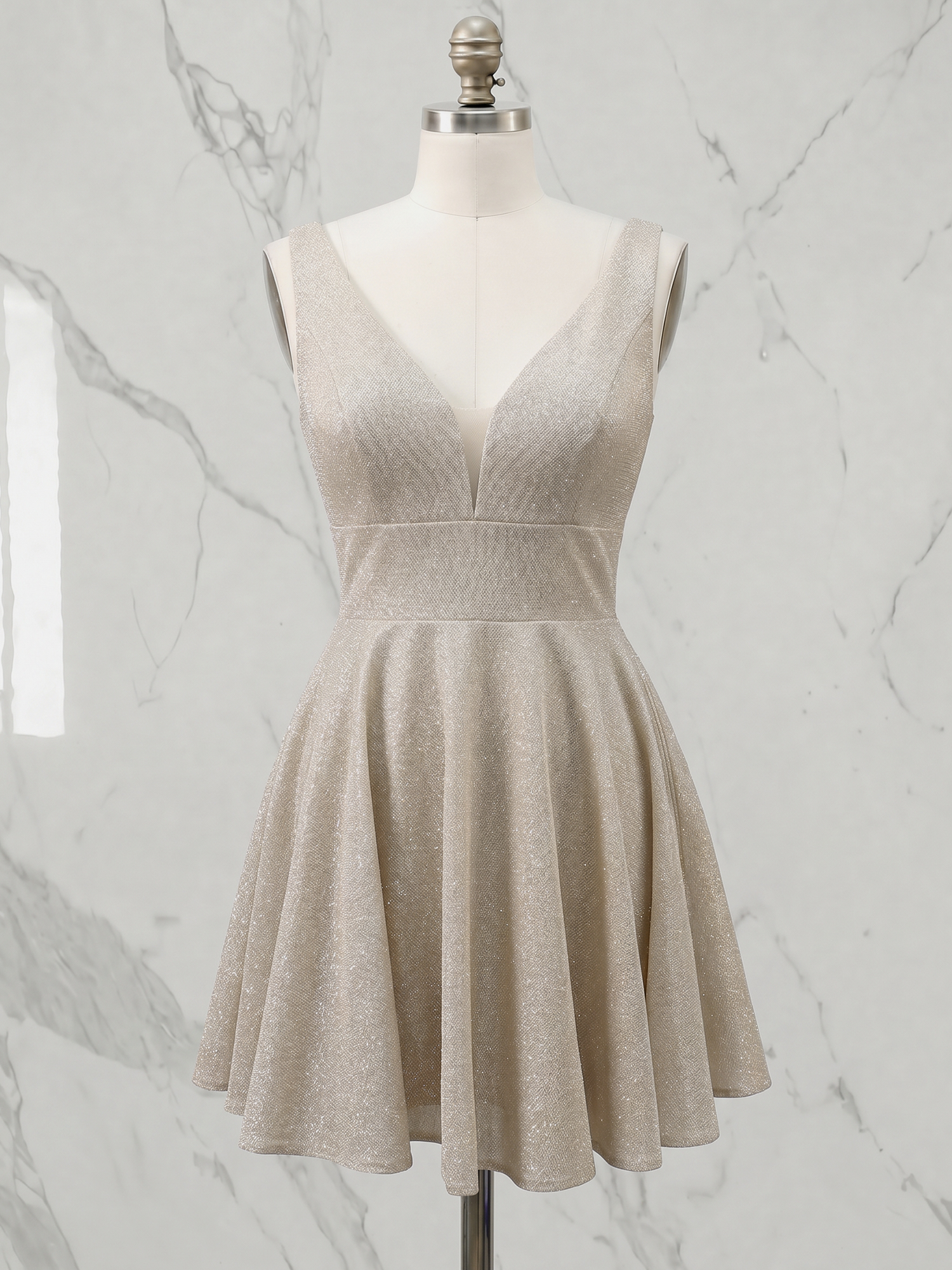 Luminous Champagne Metallic Deep V-Neck A-Line Skater Homecoming Dress 