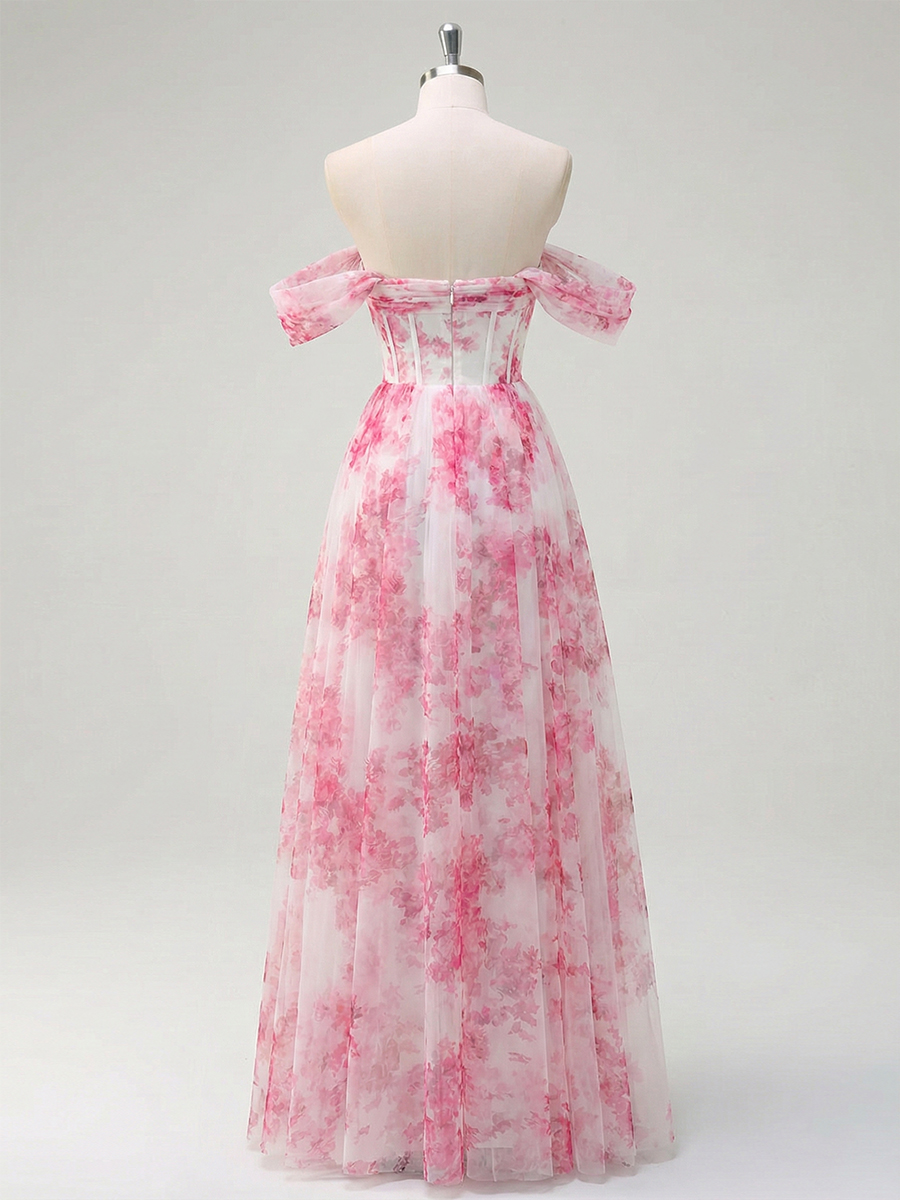 Pink Floral Off-the-Shoulder Corset A-Line Long Prom Dress
