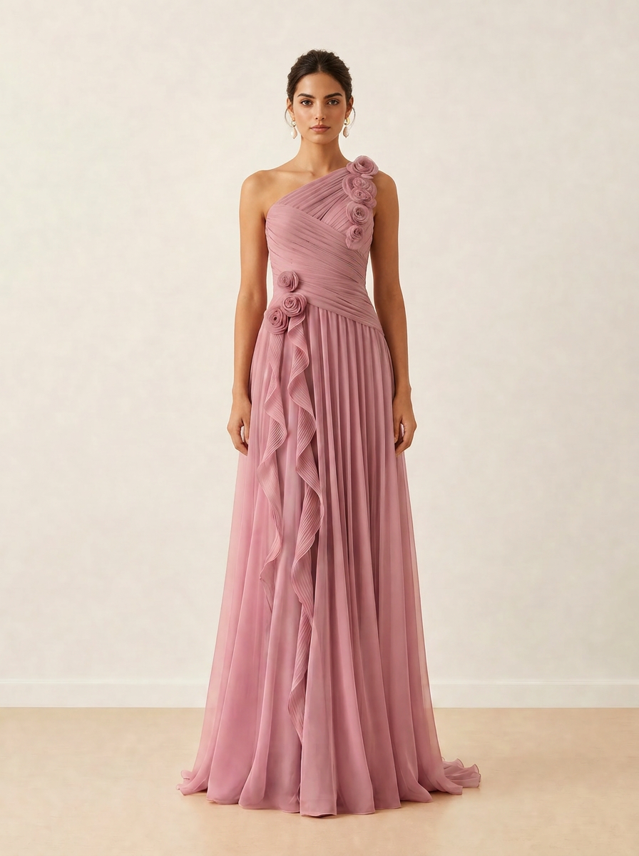 Ethereal Ruched Chiffon One-Shoulder A-Line Formal Evening Dress 