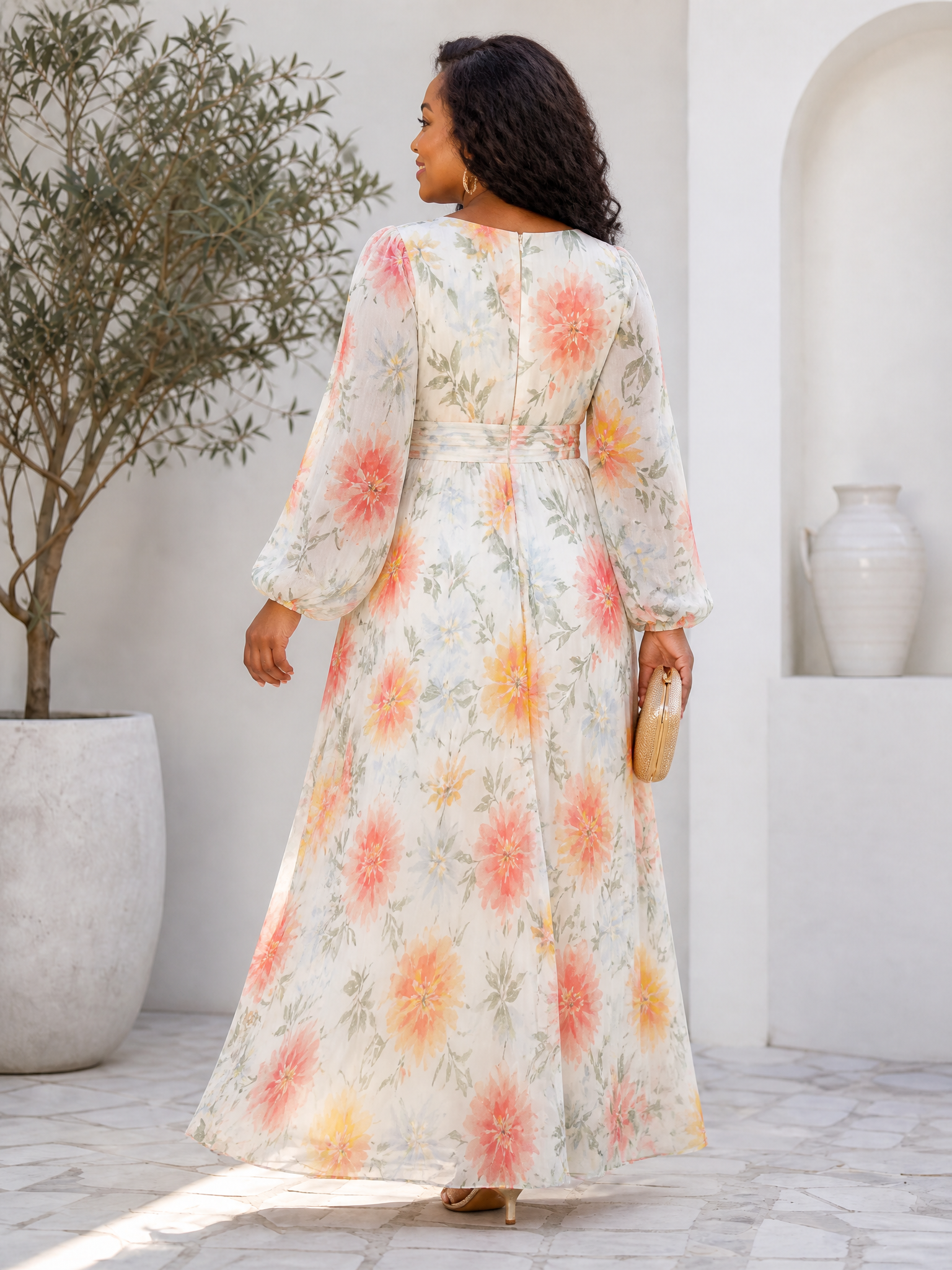  Ivory Floral Chiffon Long-Sleeve V-Neck A-Line Formal Evening Dress