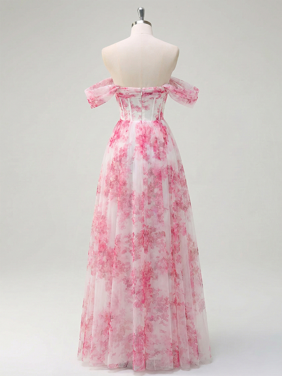 Pink Floral Off-the-Shoulder Corset A-Line Long Prom Dress
