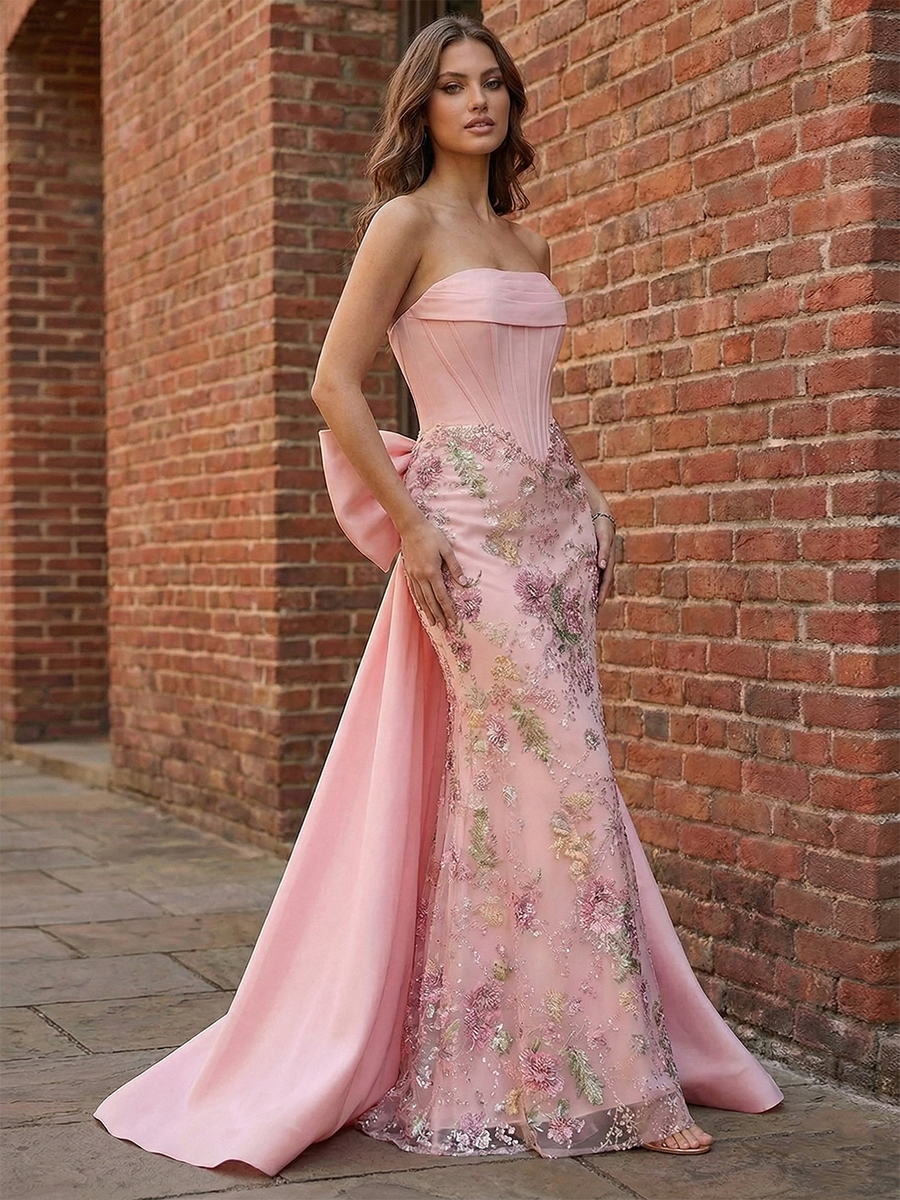 Sparkly Champagne Mermaid Prom Dress with Oversized Statement Bow  Sequin Finish