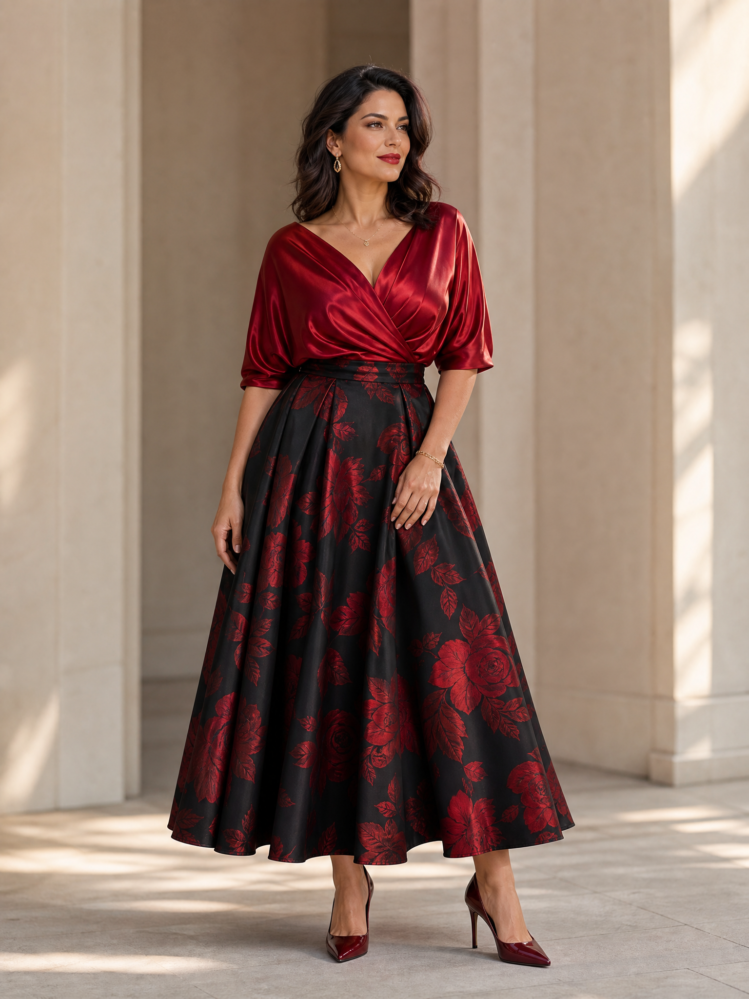 Crimson Black Floral Two-Piece Effect V-Neck Satin Midi Evening Gown Dress 