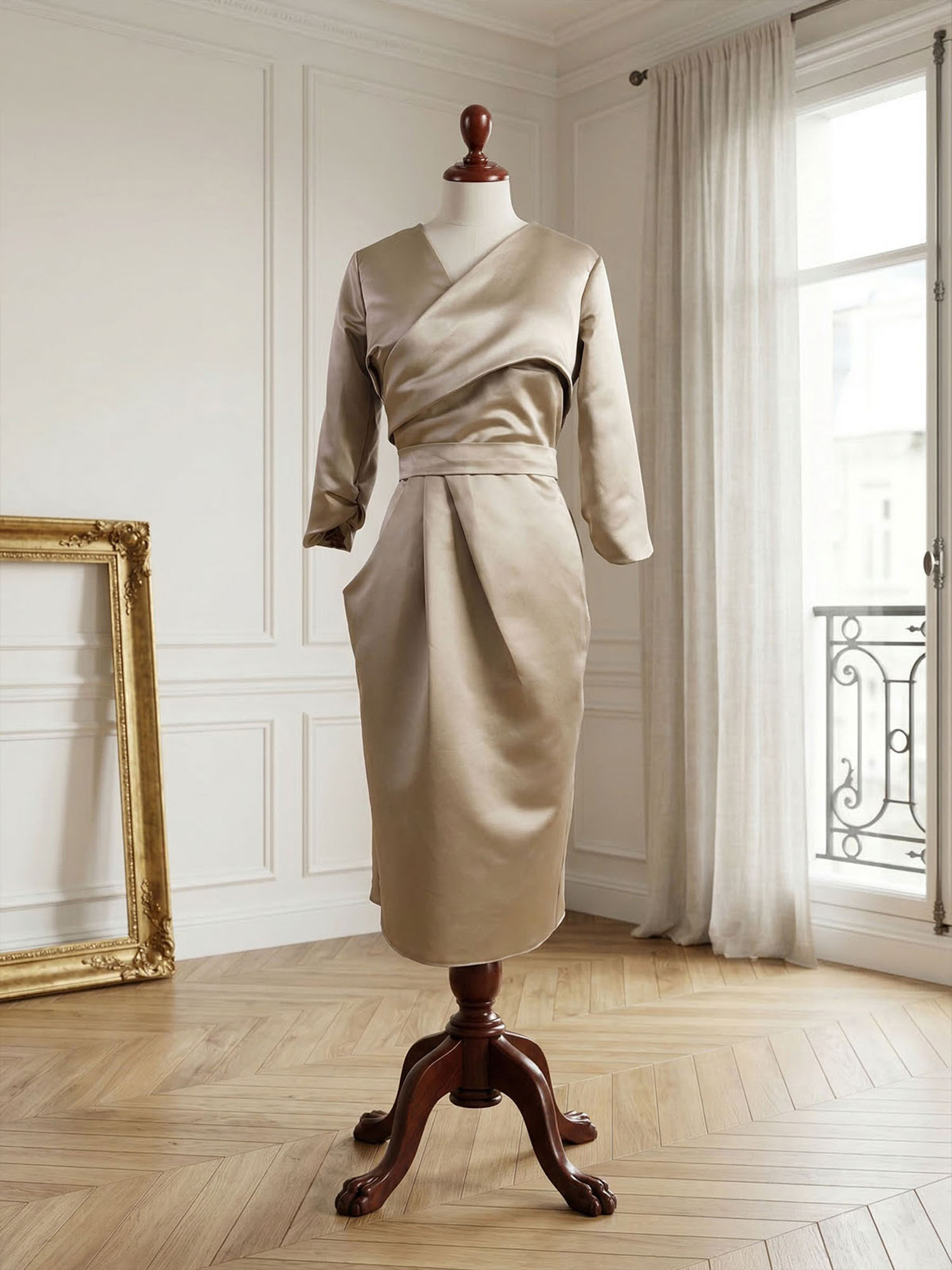 Sophisticated Camel V-Neck Balloon Sleeve Midi Dress Evening Gown