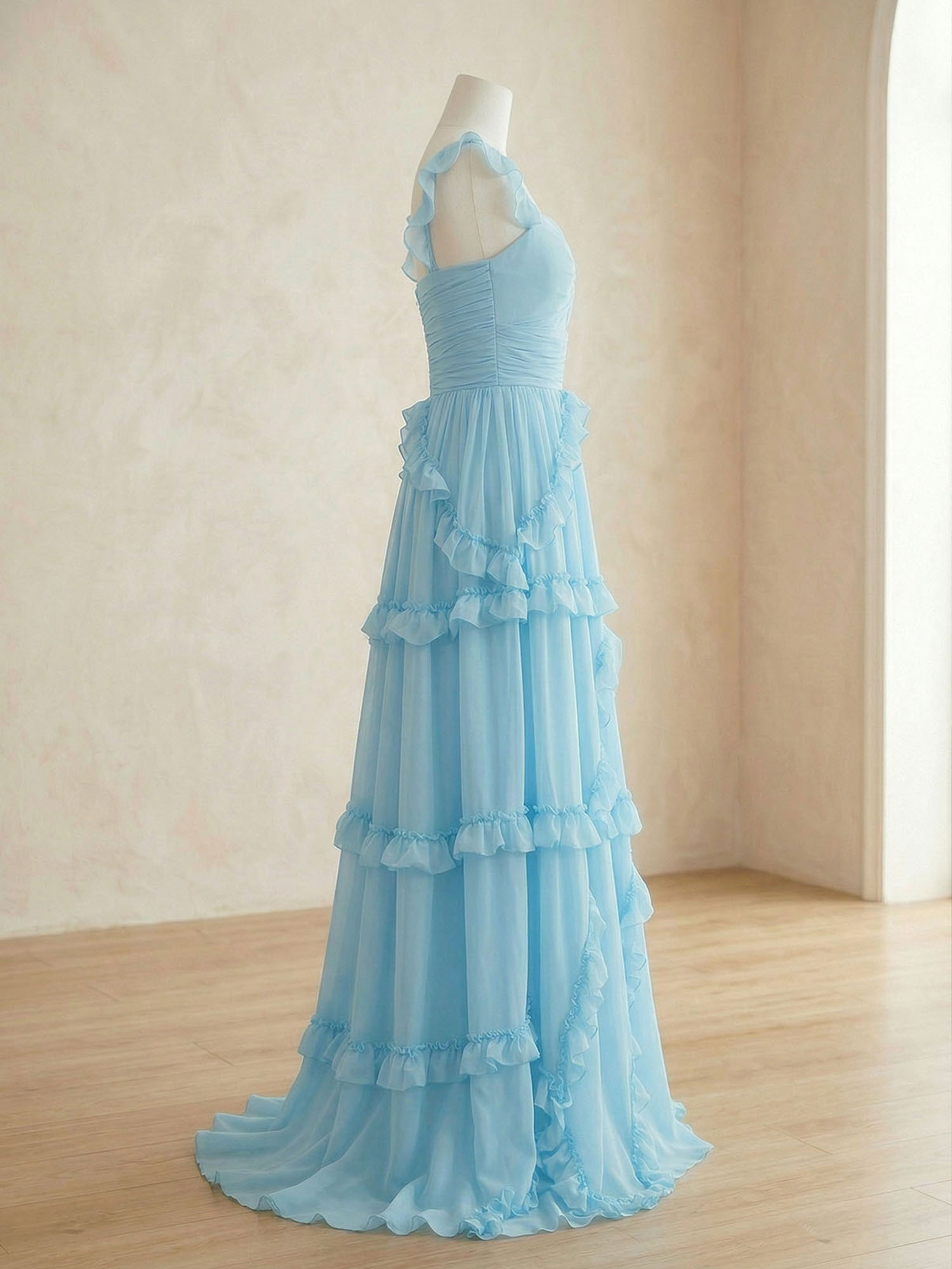 Ethereal Sky Blue Tiered Ruffle Chiffon Maxi Dress Gown