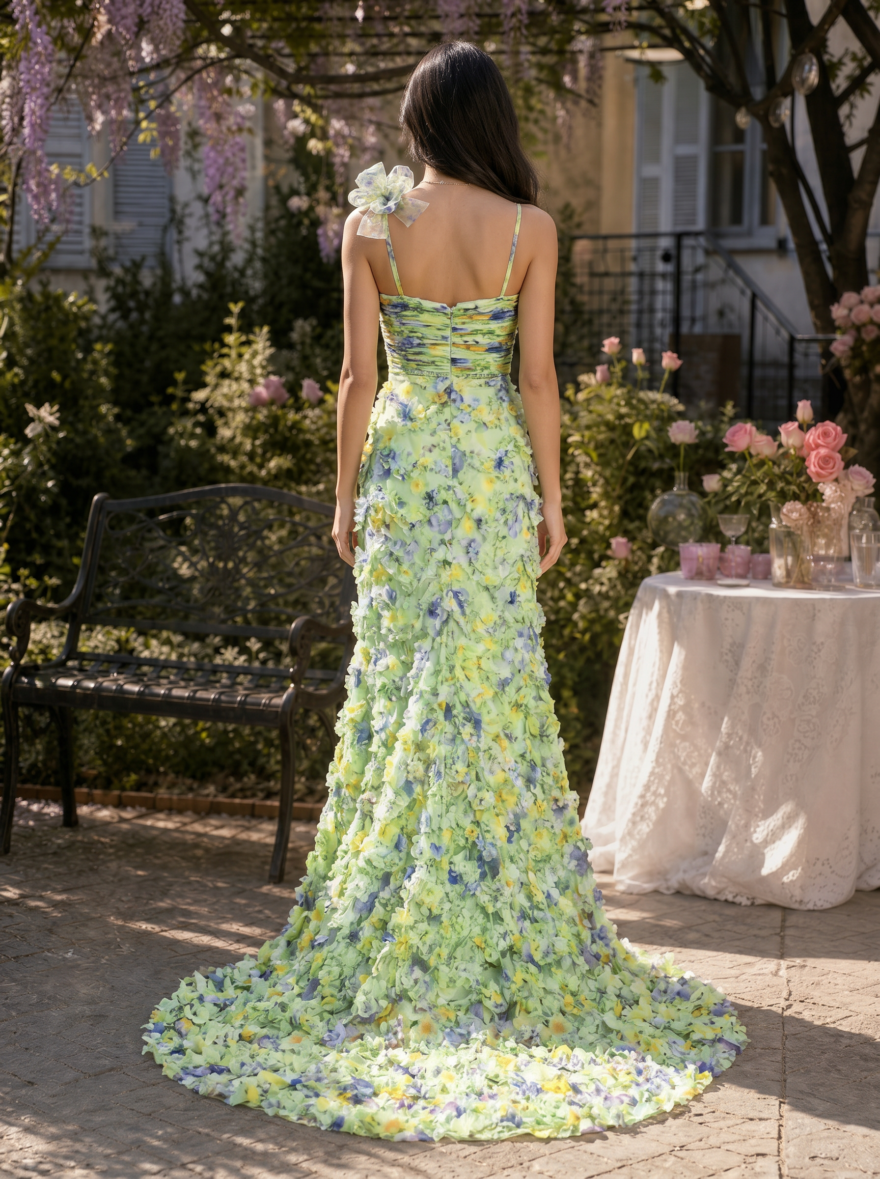 Ethereal Watercolor Floral 3D Ruffled Slit Evening Formal Gown