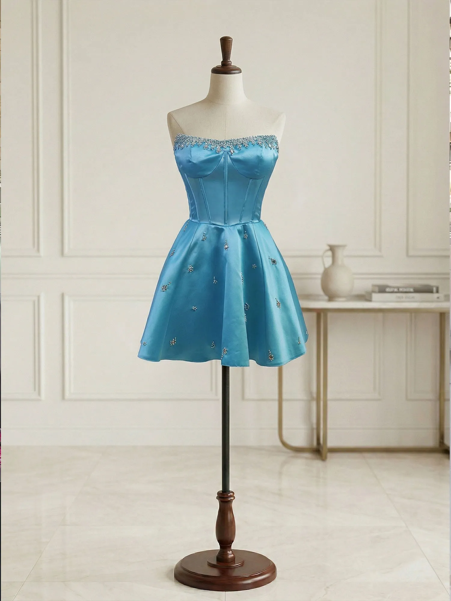 Strapless Beaded Corset Lace-Up Back Satin Homecoming Dress