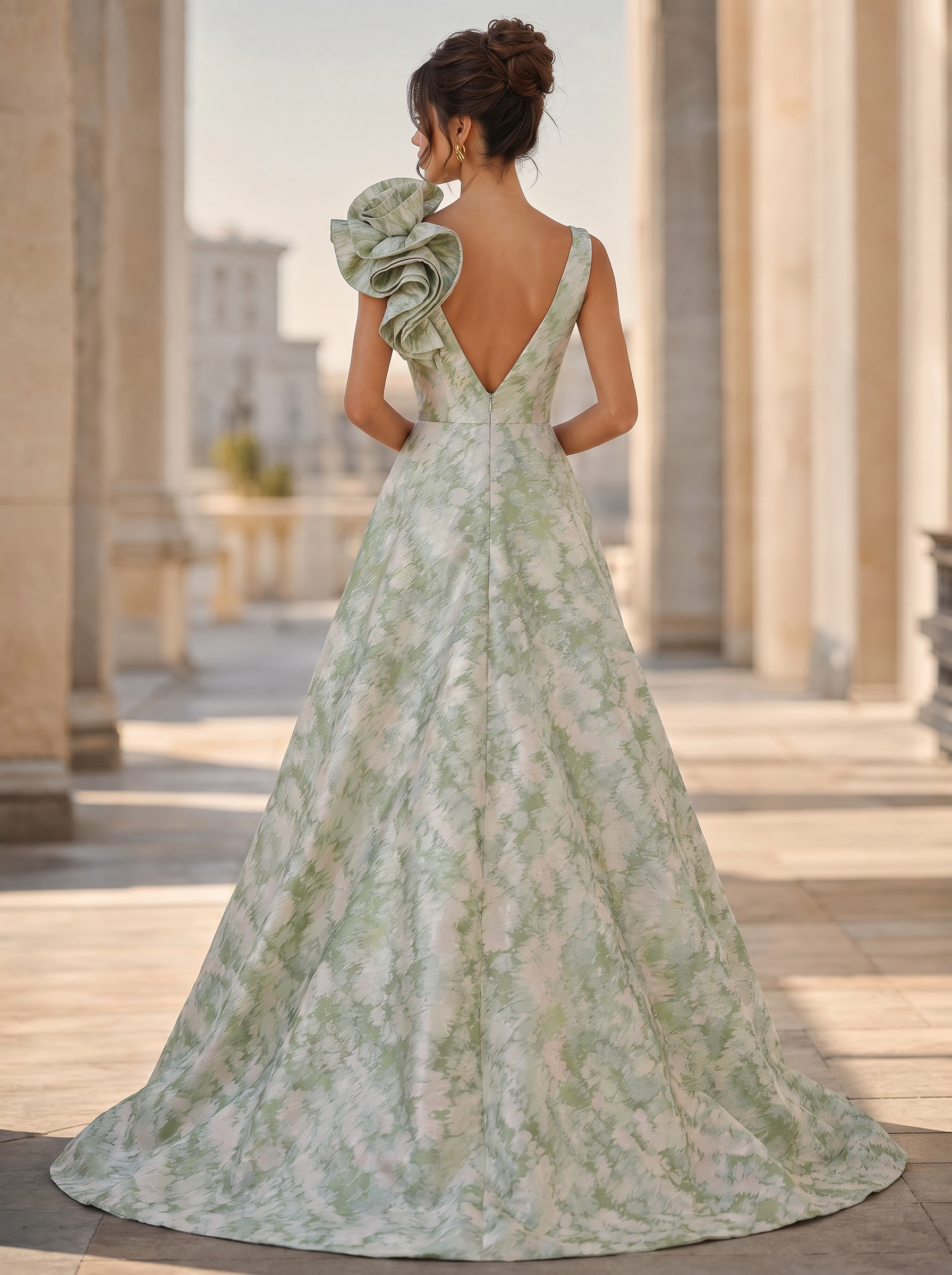 Ethereal Sage Green Botanical Pleated Floral A-Line V-Neck Formal Evening Dress 