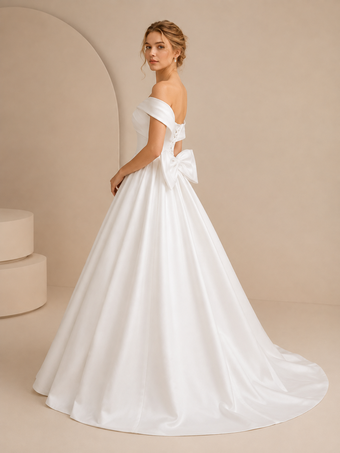 White Off-the-Shoulder Satin Wedding Dress with Back Bow