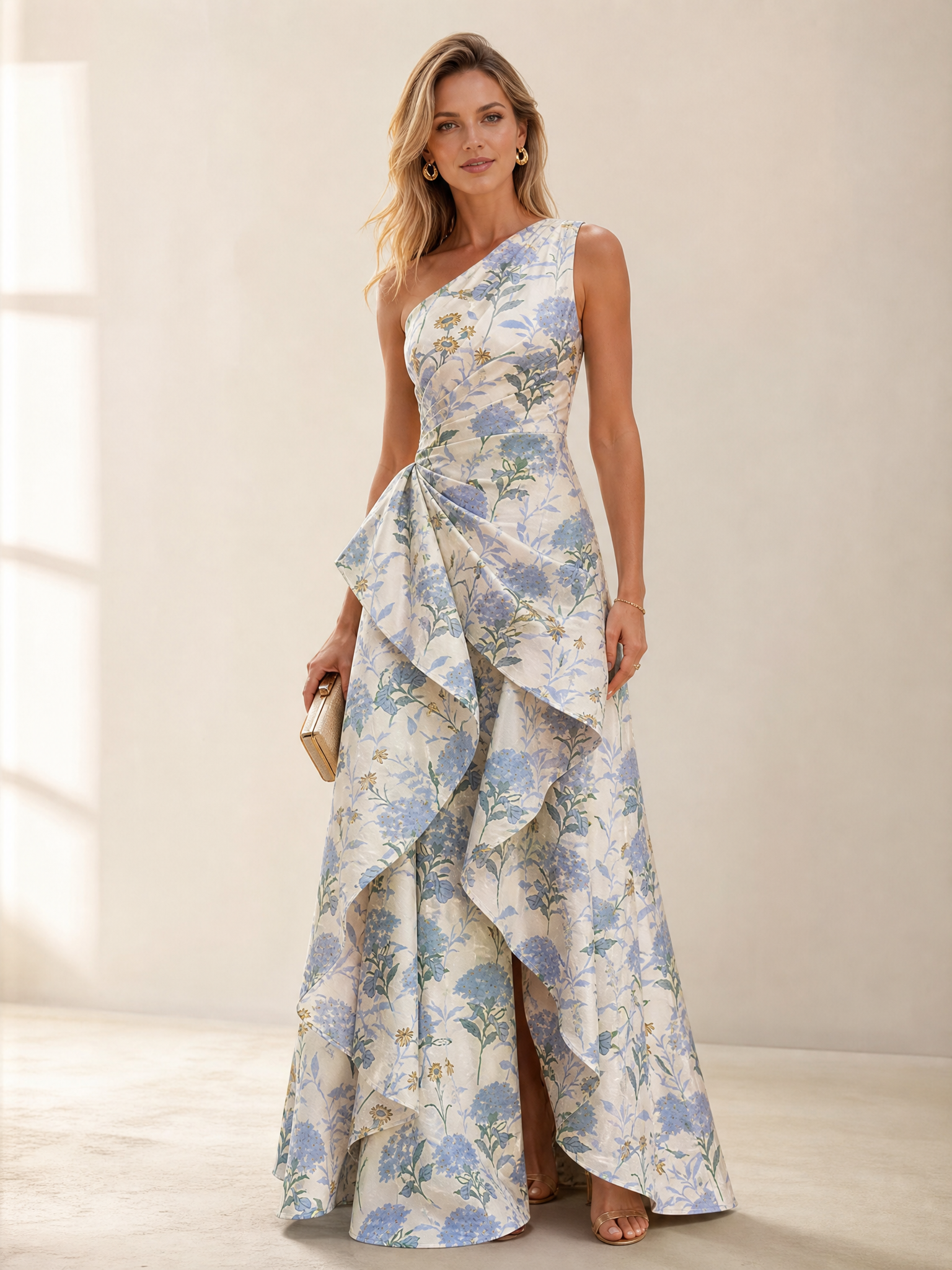 Botanical Blue Floral Jacquard One-Shoulder Sheath Formal Evening Dress 