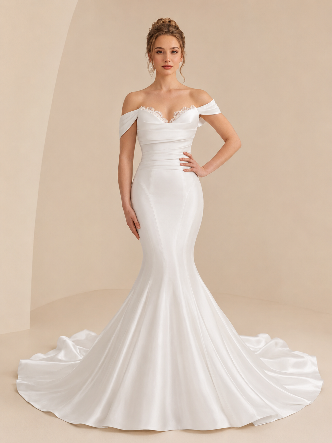 White Off-the-Shoulder Satin Mermaid Wedding Dress 