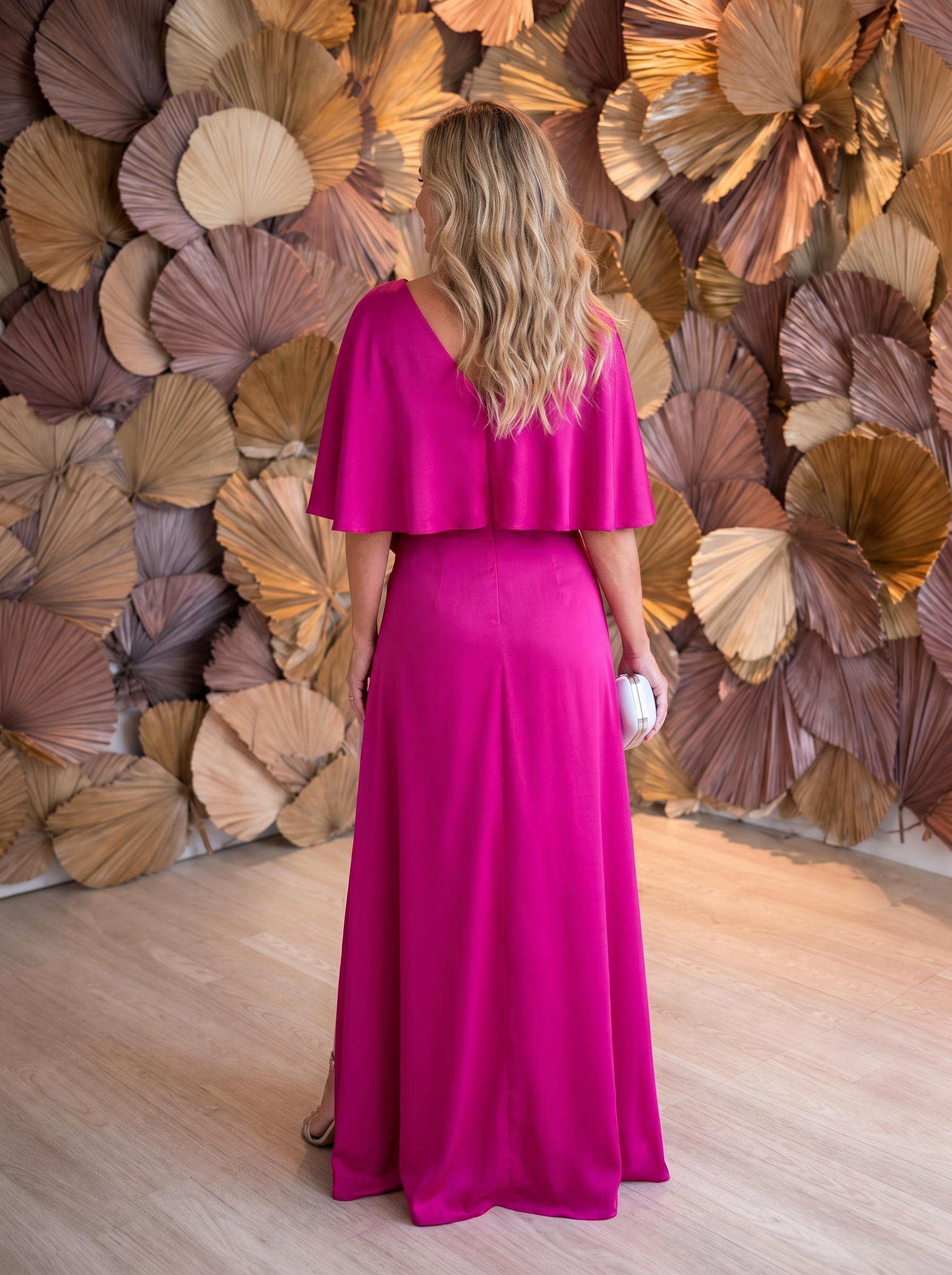 Sophisticated Magenta Cape-Sleeve Slit V-Neck A-Line Formal Evening Dress
