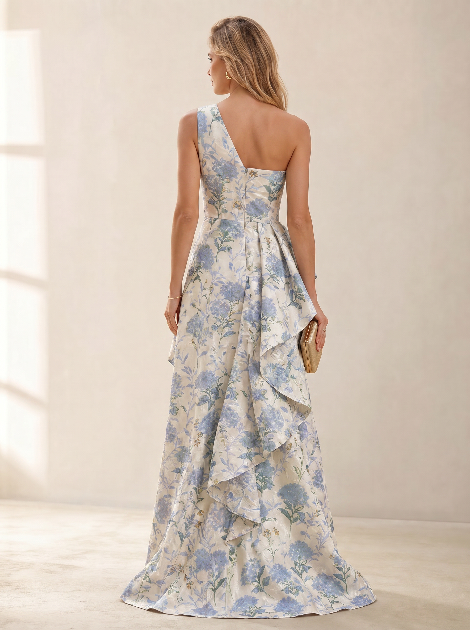 Botanical Blue Floral Jacquard One-Shoulder Sheath Formal Evening Dress 