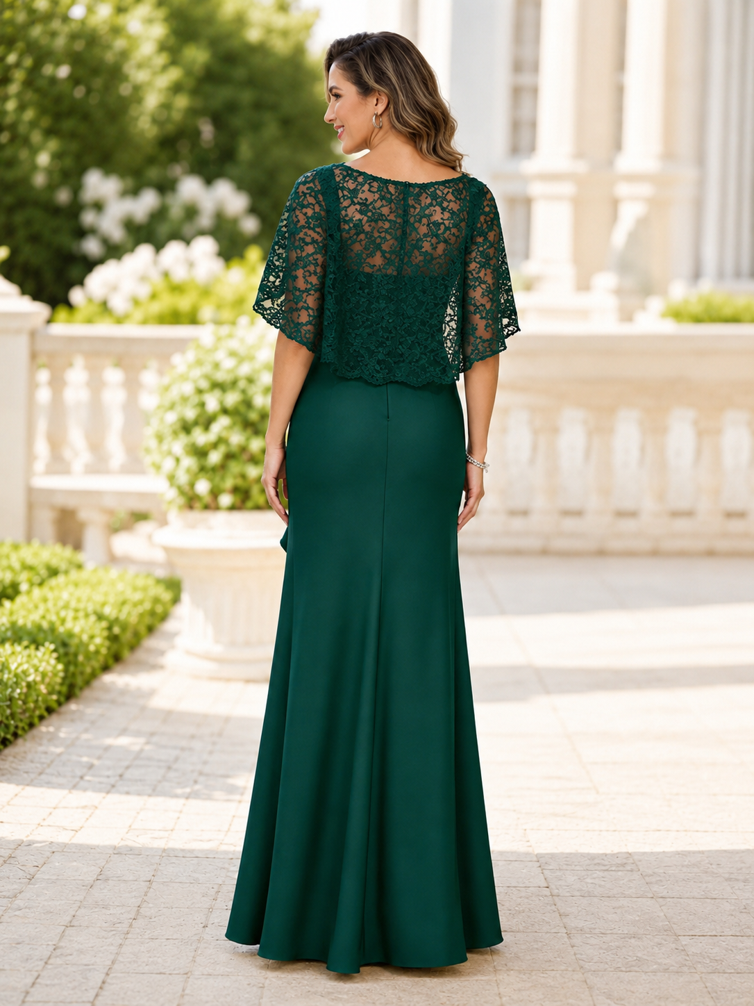 Emerald Green Lace Capelet-Overlay Column Maxi Mother of the Bride & Groom Dresses 