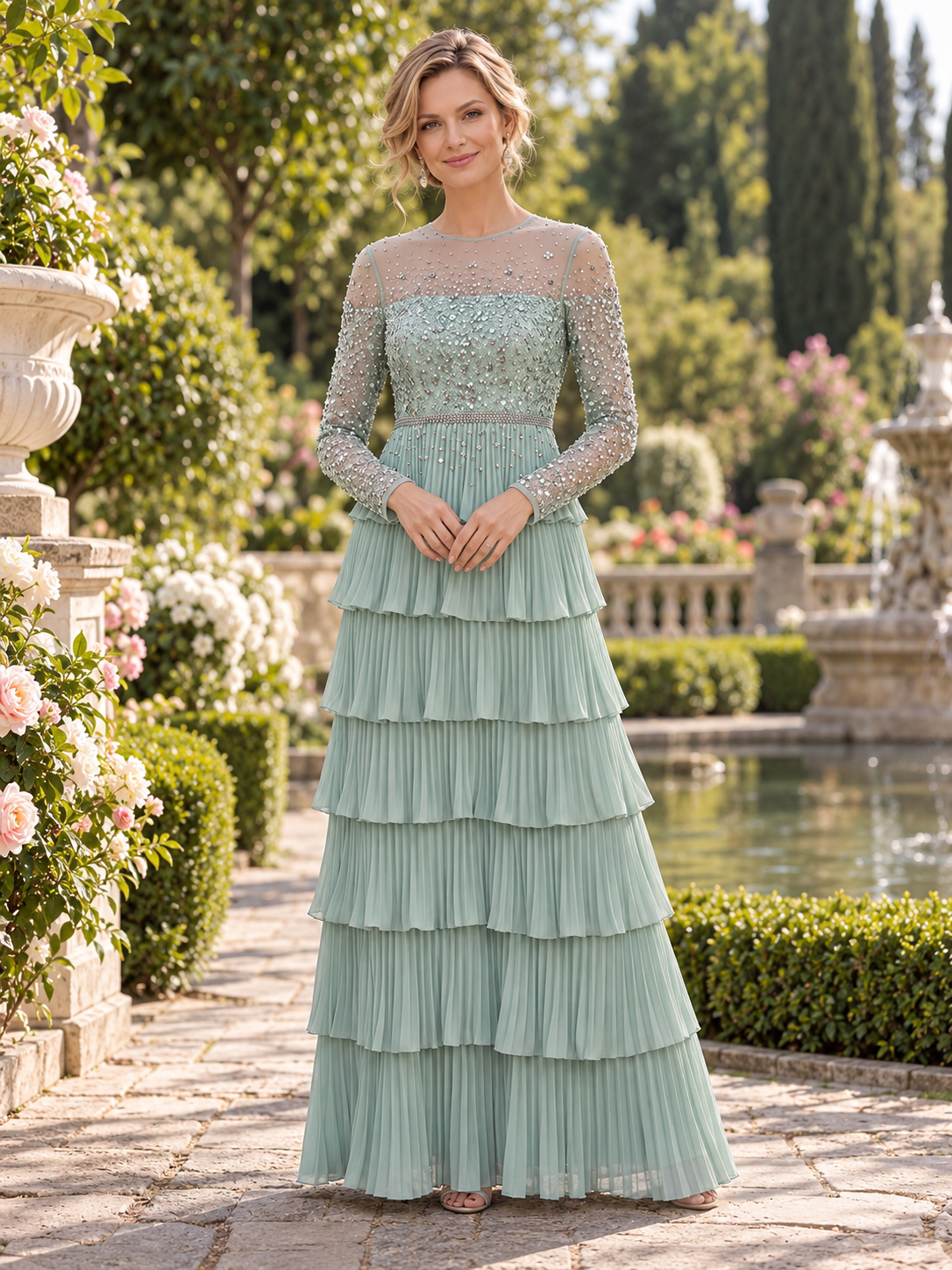 Sage Green Sequin Tiered Ruffle Long Sleeve A-Line Mother of the Bride & Groom Dresses 