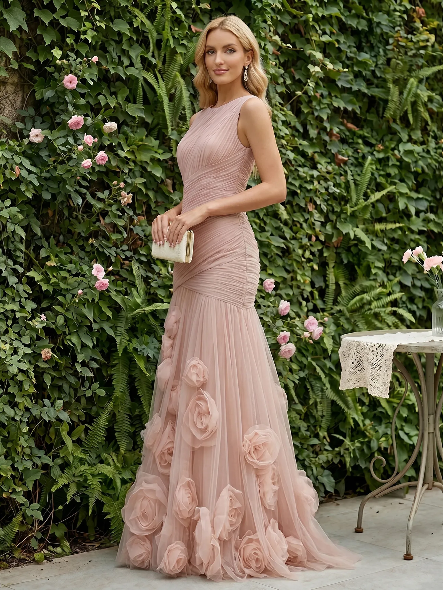 Round Neck Ruched Tulle Mermaid Gown with 3D Floral Appliqués