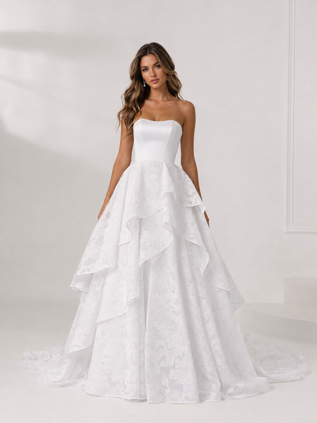White Ball-Gown Strapless Floral Burnout Maxi Wedding Dress