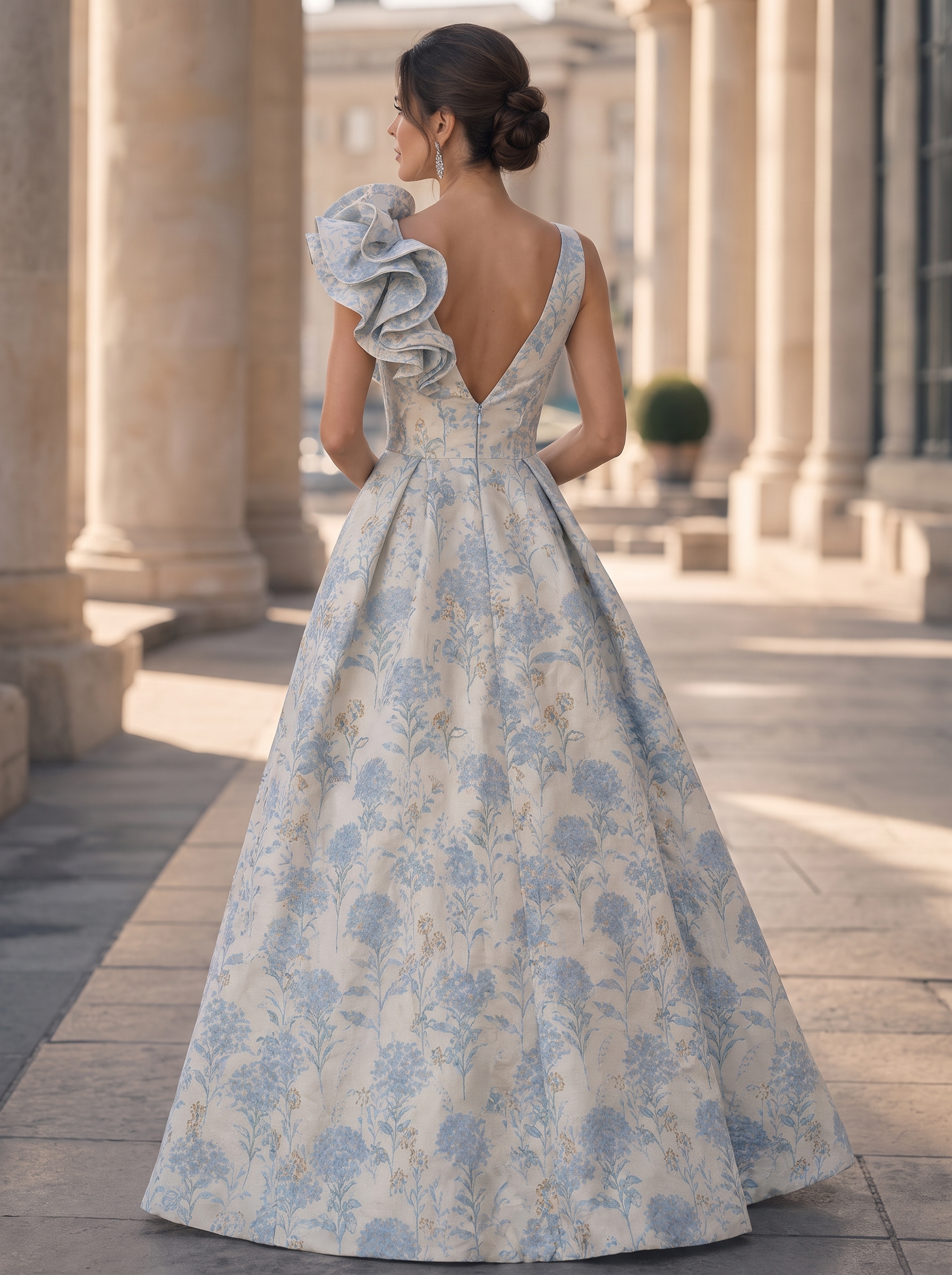 Ethereal Blue Floral Brocade Ruffle-Accent V-Neck A-Line Formal Evening Dress 