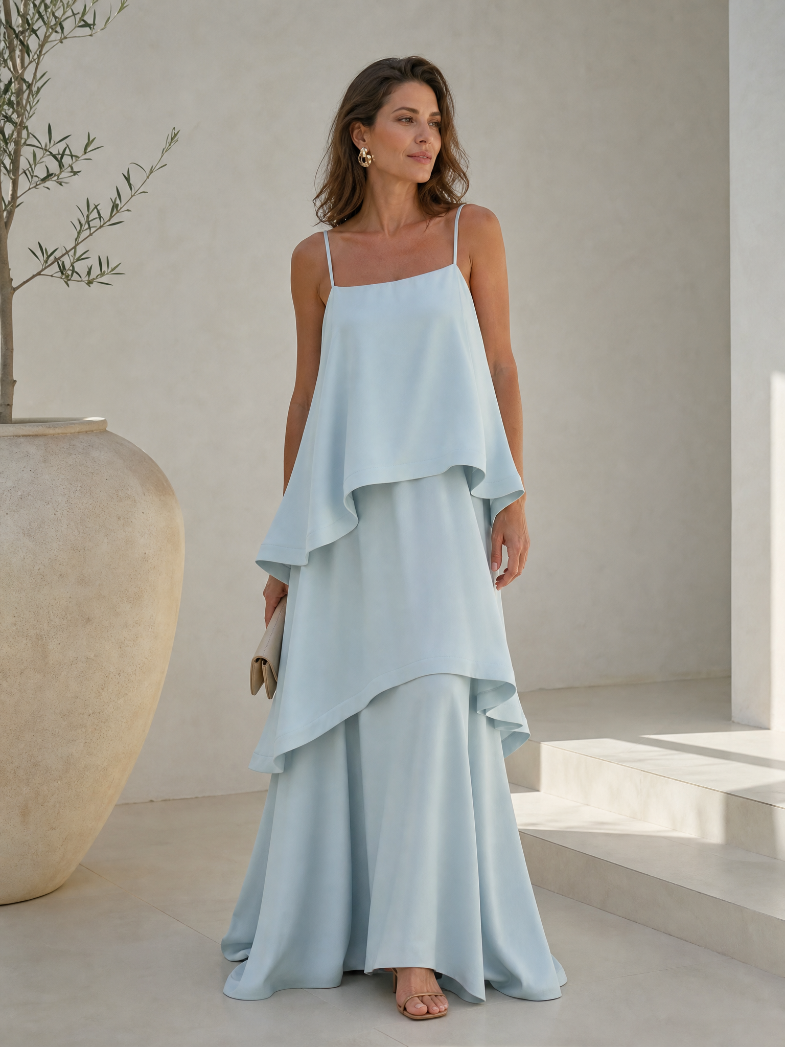 Ethereal Sky Blue Layered Tiered Spaghetti Straps Formal Evening Dress