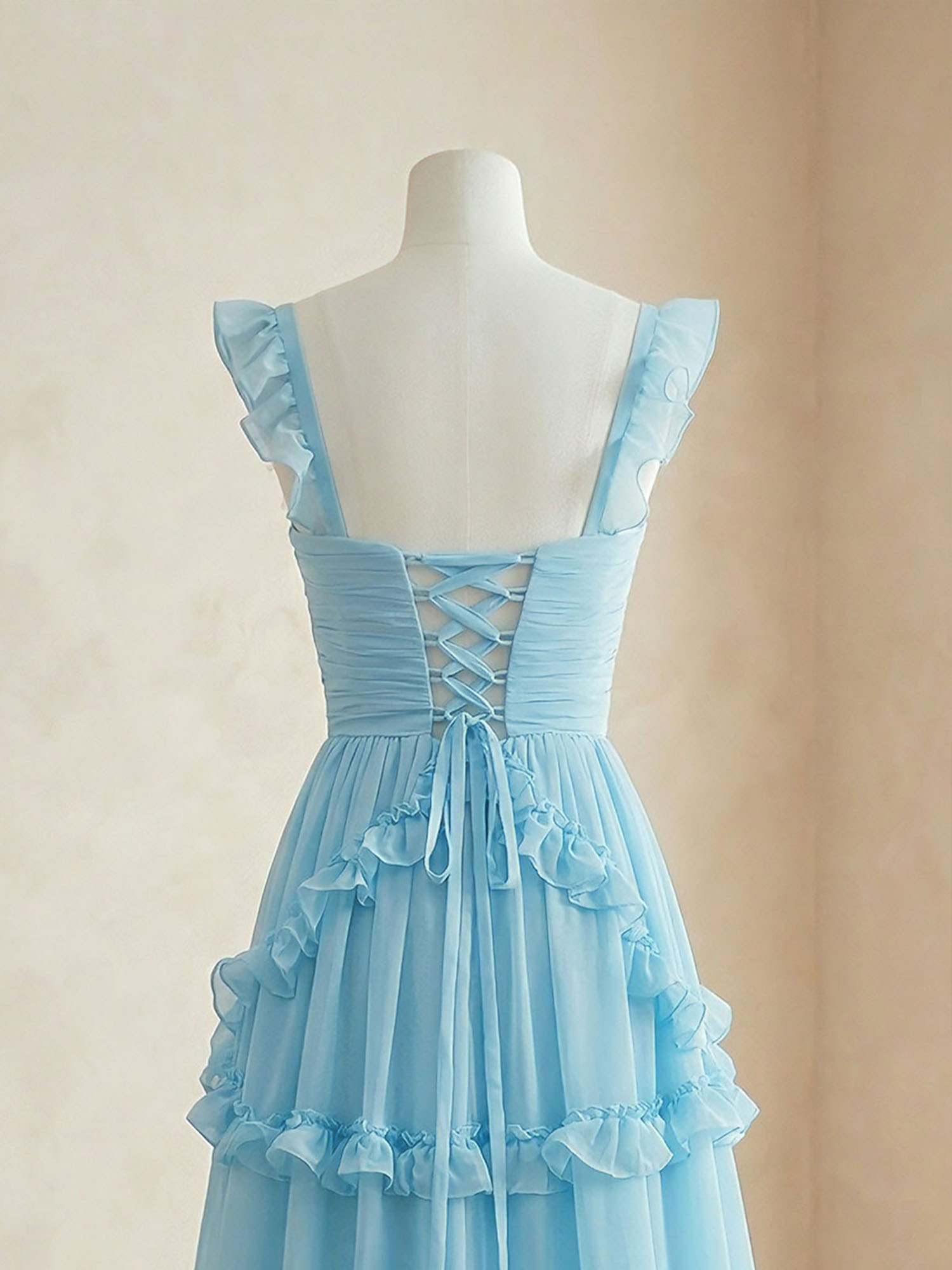 Ethereal Sky Blue Tiered Ruffle Chiffon Maxi Dress Gown