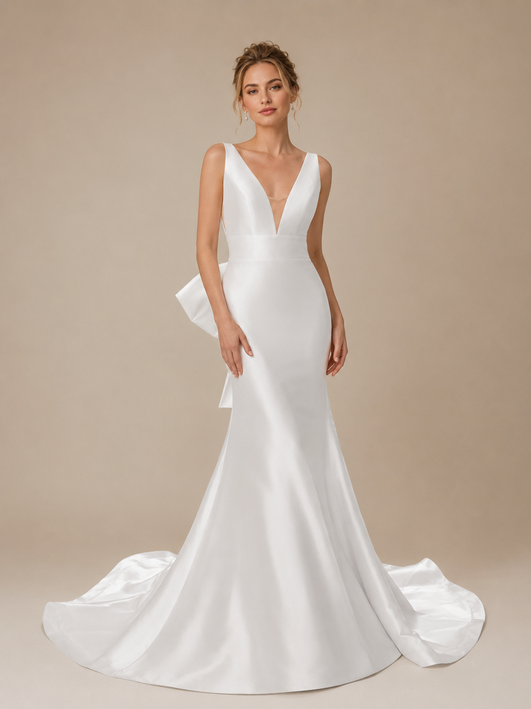 White Plunging V-Neck Satin Sleeveless Mermaid Wedding Dress 
