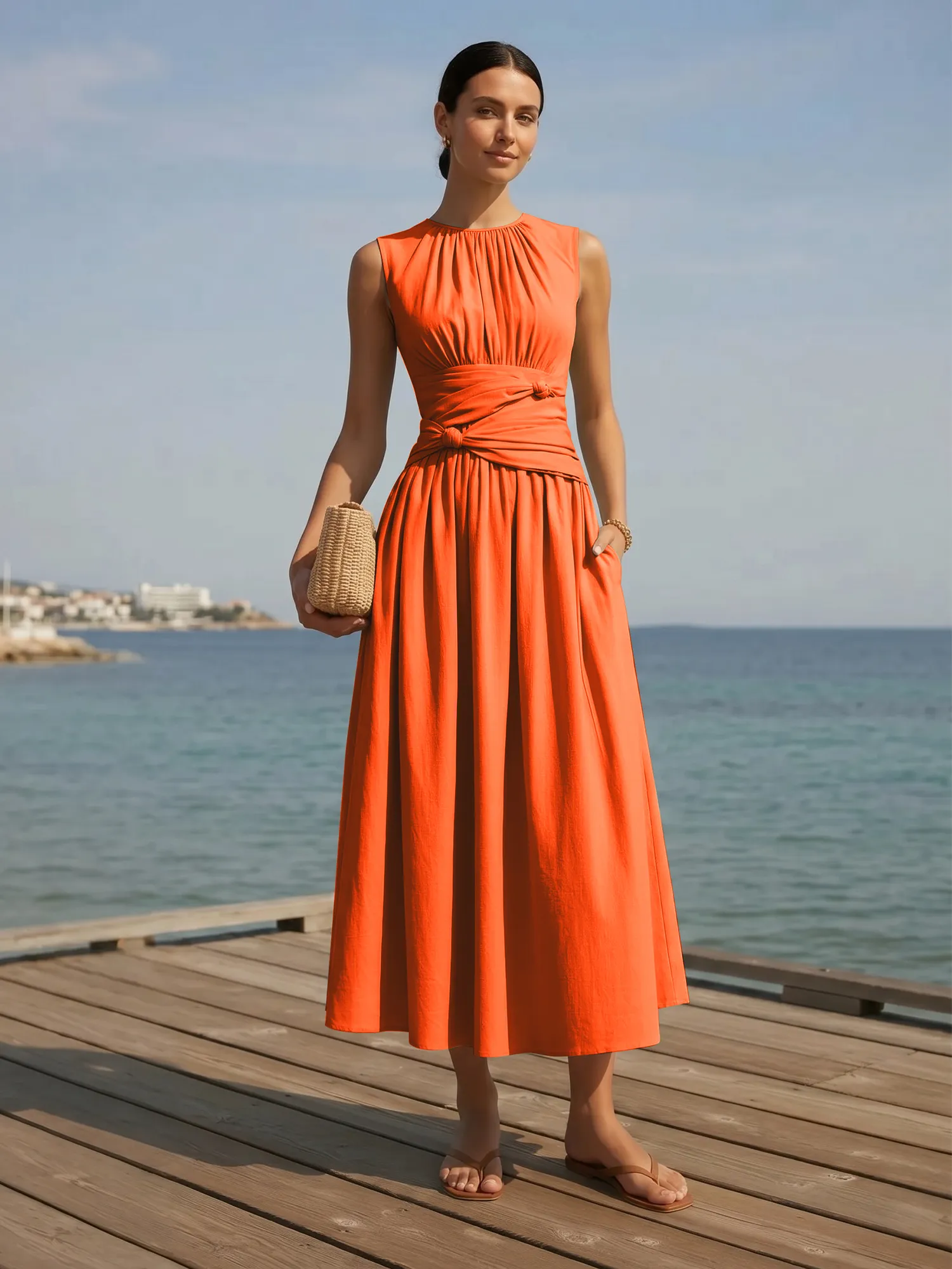 Sleeveless Round Neck Waist-Knot Midi Evening Dress