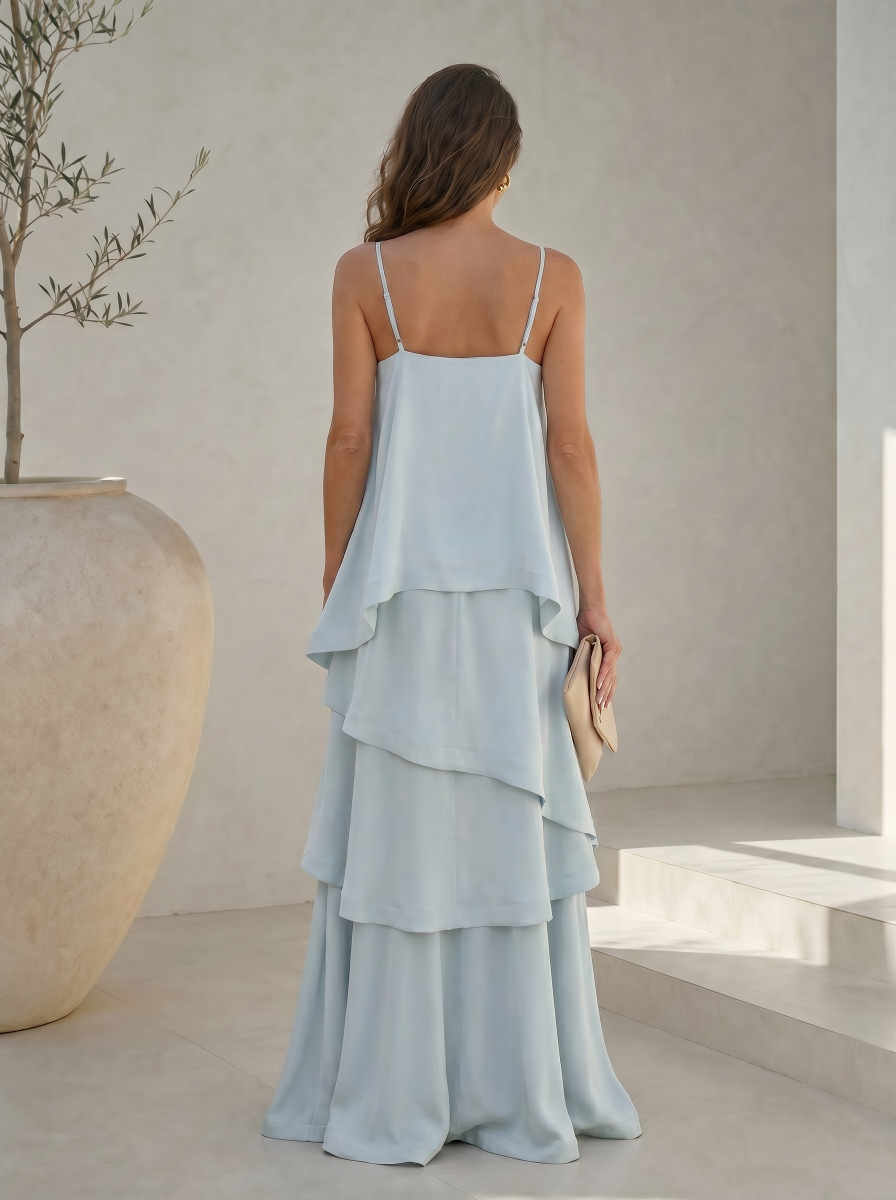 Ethereal Sky Blue Layered Tiered Spaghetti Straps Formal Evening Dress