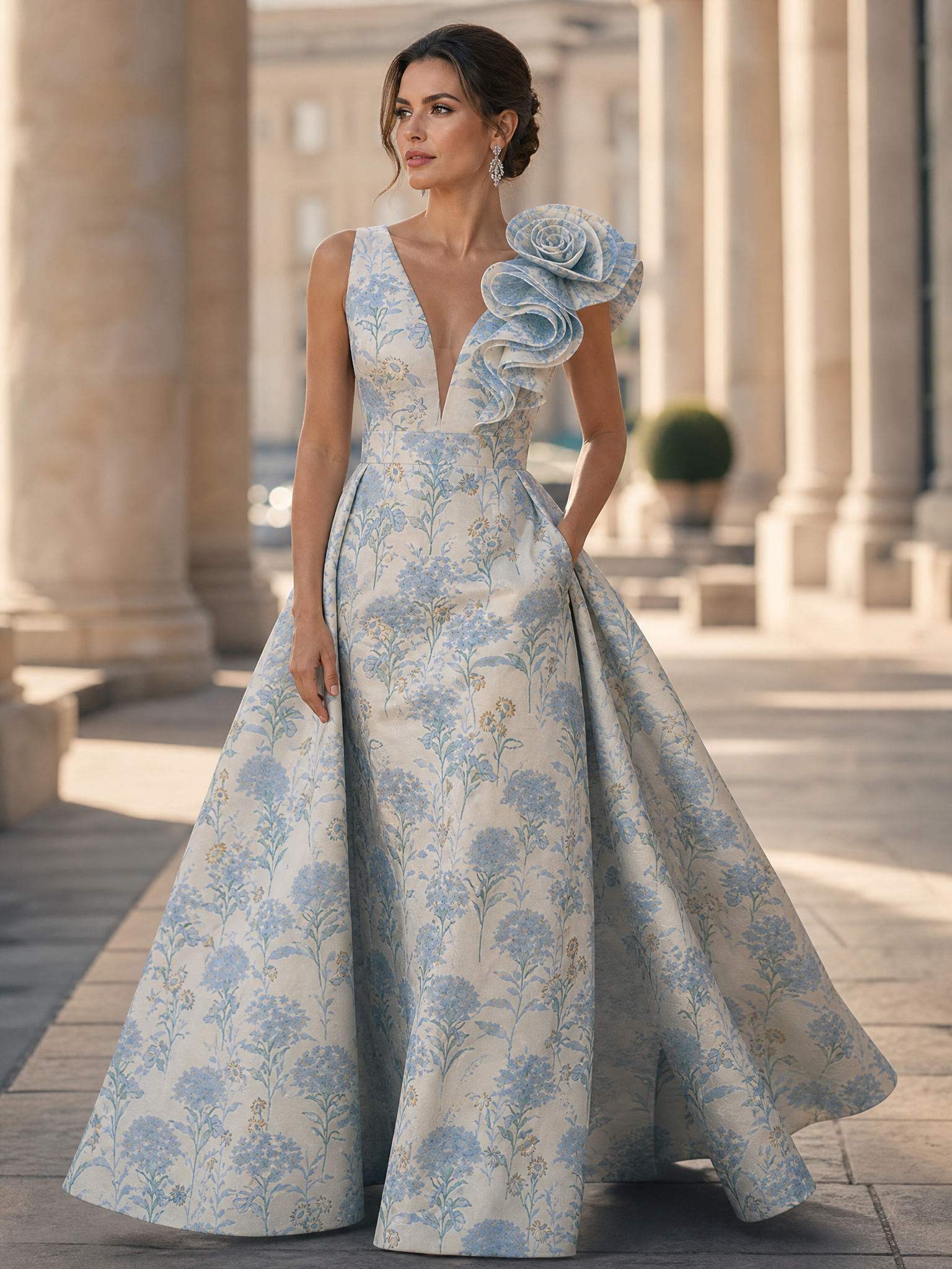 Ethereal Blue Floral Brocade Ruffle-Accent V-Neck A-Line Formal Evening Dress 