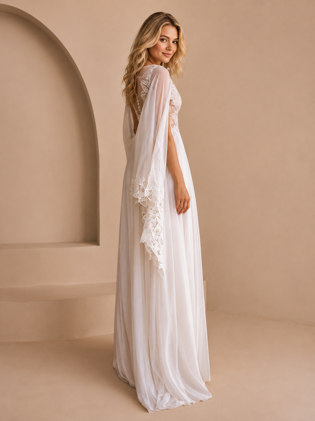 White Plunging V-Neck Flowing Cape-Sleeve High Slit A-Line Wedding Dress 