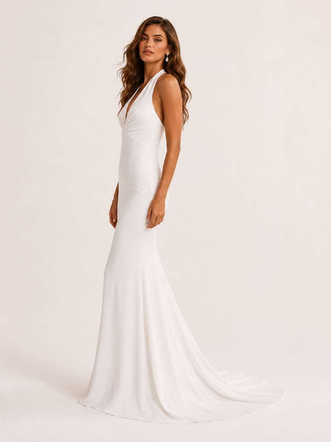 White Sheath Stretch Satin Halter Mermaid Maxi Wedding Dress