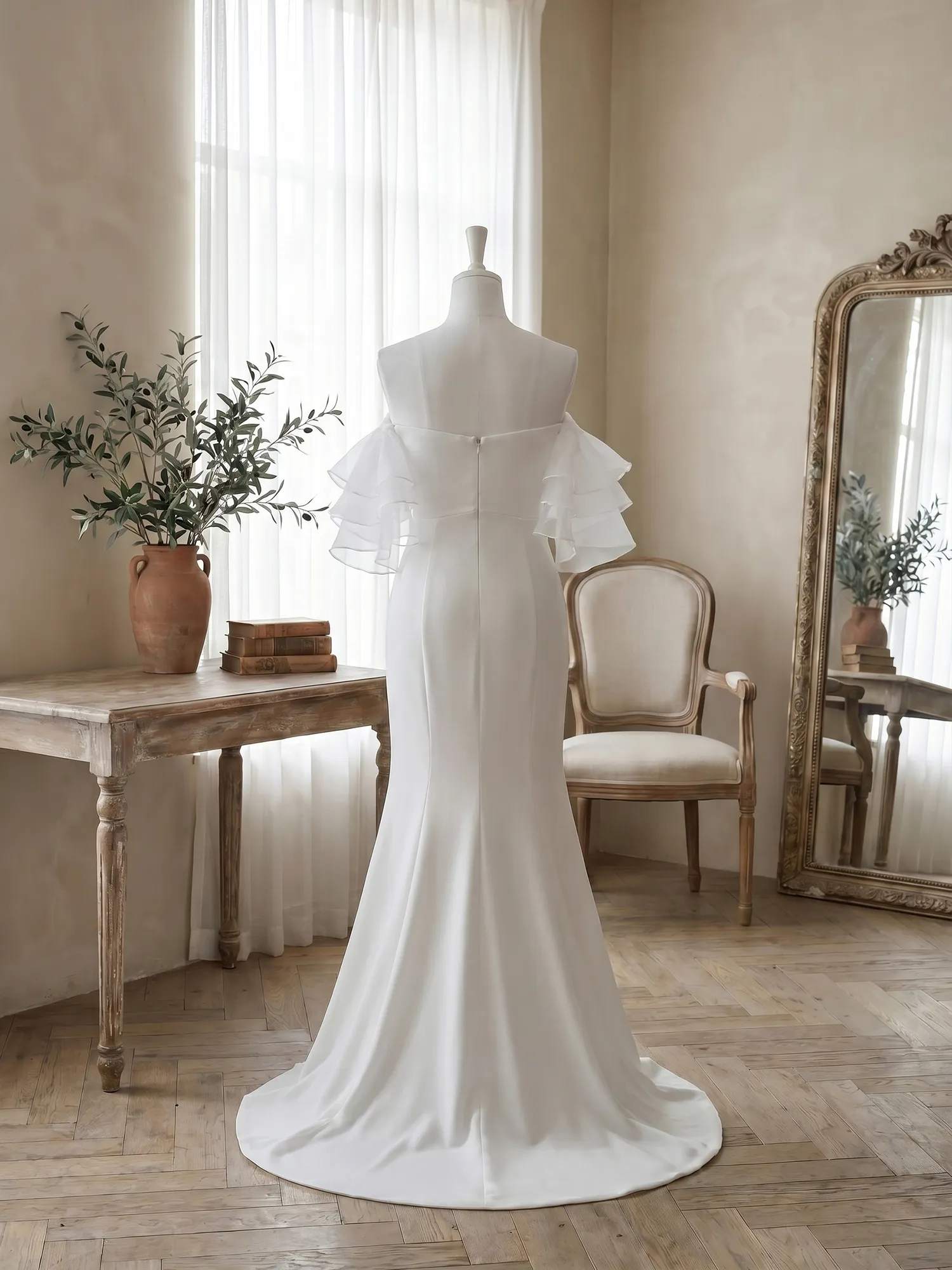 Off-the-Shoulder Tiered Organza Sleeve Mermaid Evening Gown