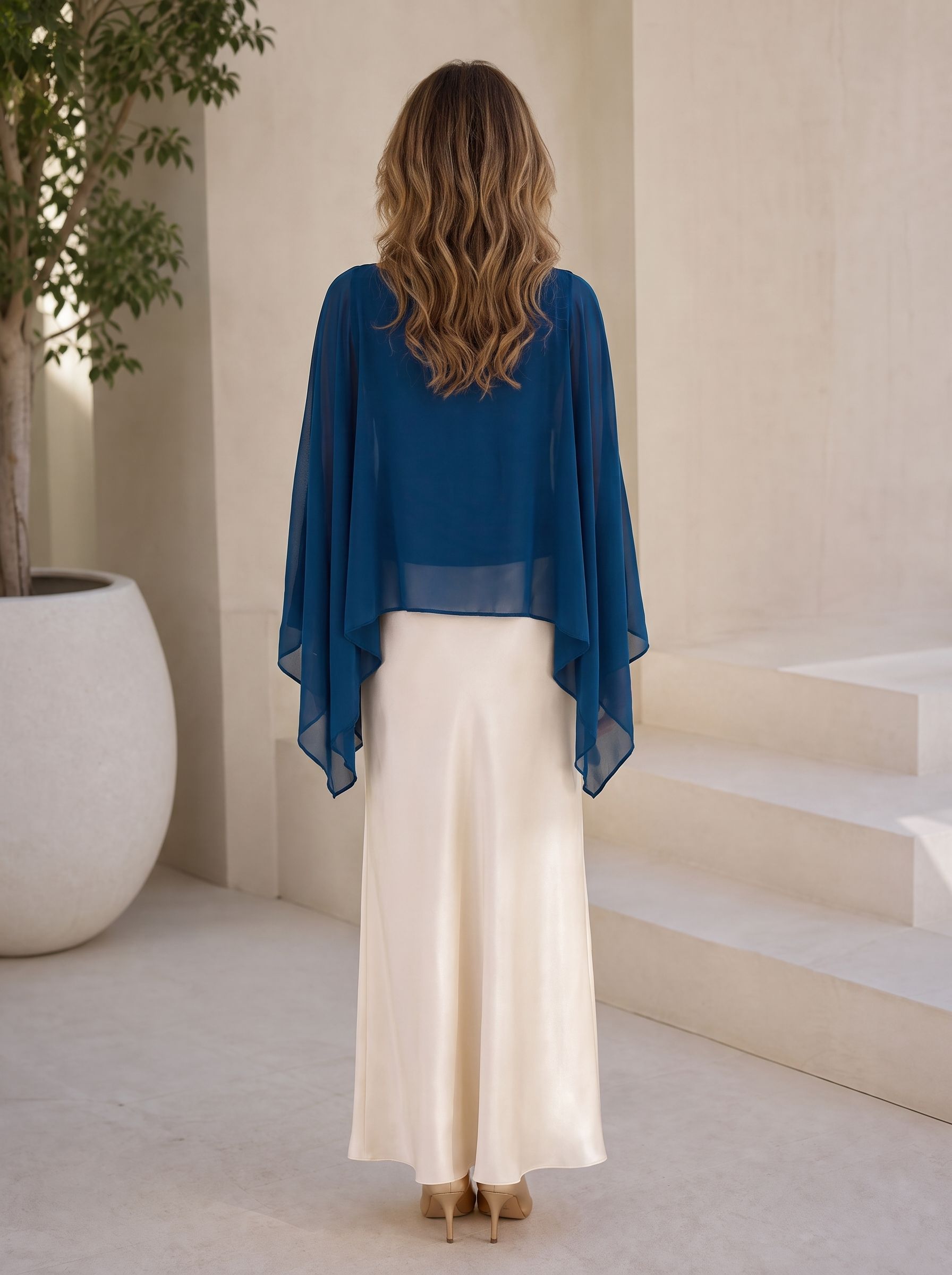 Elegant Midnight Blue Chiffon Cape Formal Evening Dress