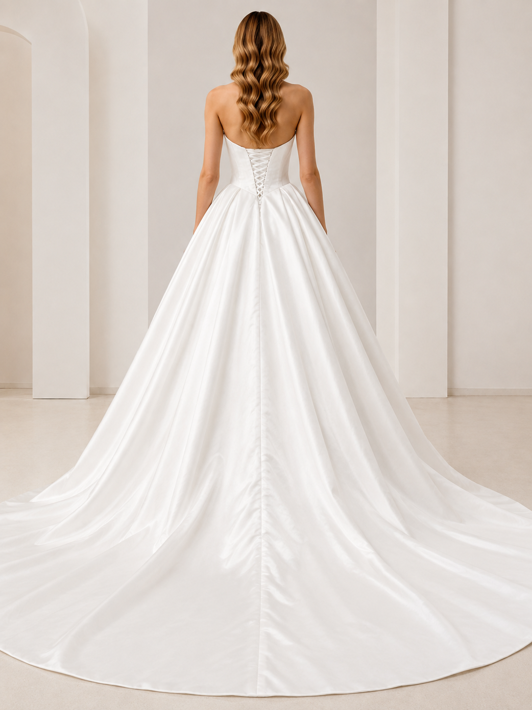White Beaded Strapless Sweetheart Satin A-Line Wedding Dress with Chapel Train 