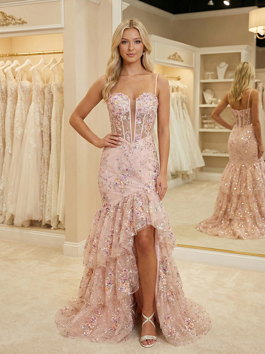 Sparkly Champagne Sequin Mermaid Gown with Statement Satin Bow