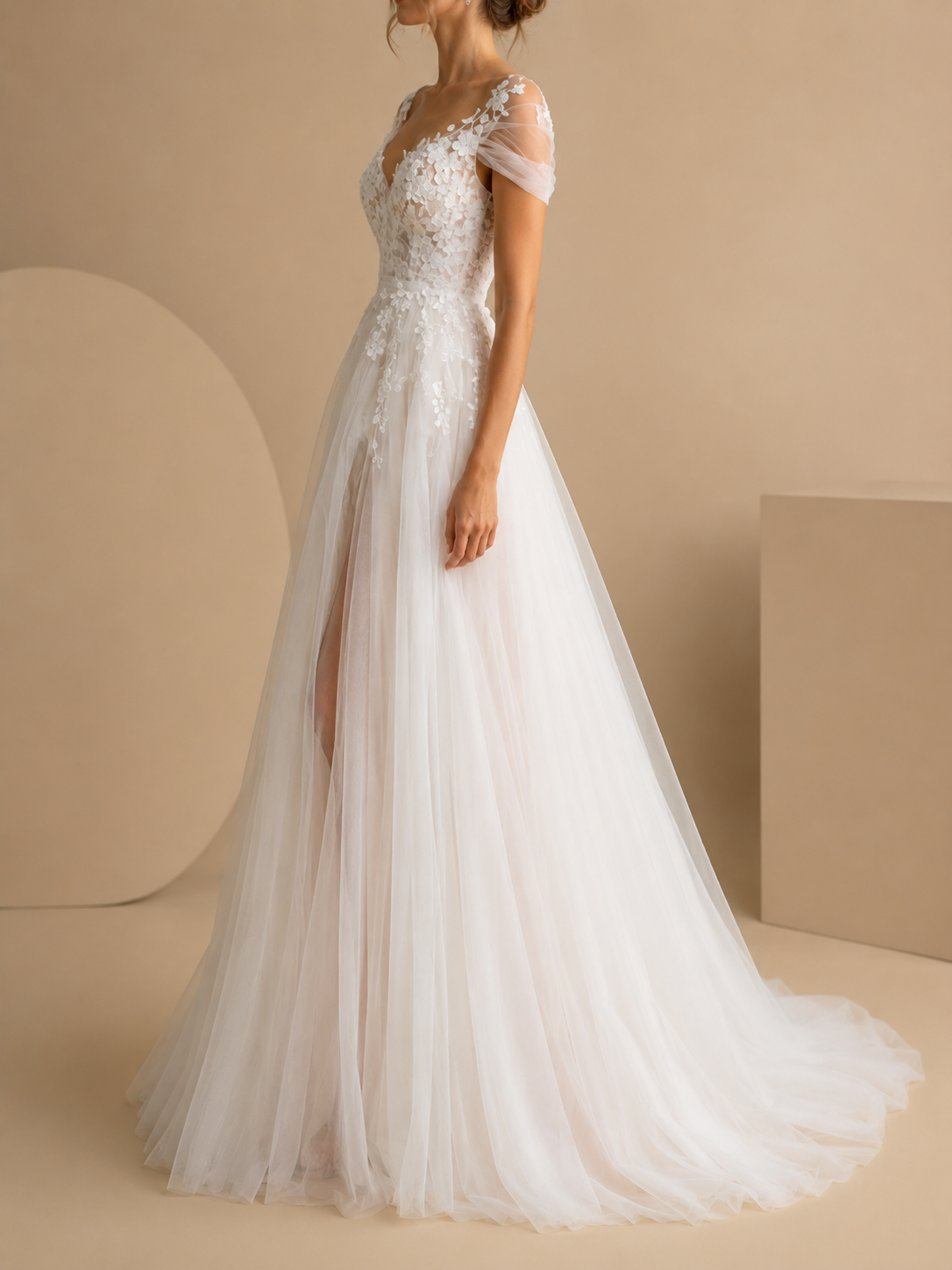 White V-Neck Tulle Sweetheart A-Line Wedding Dress 