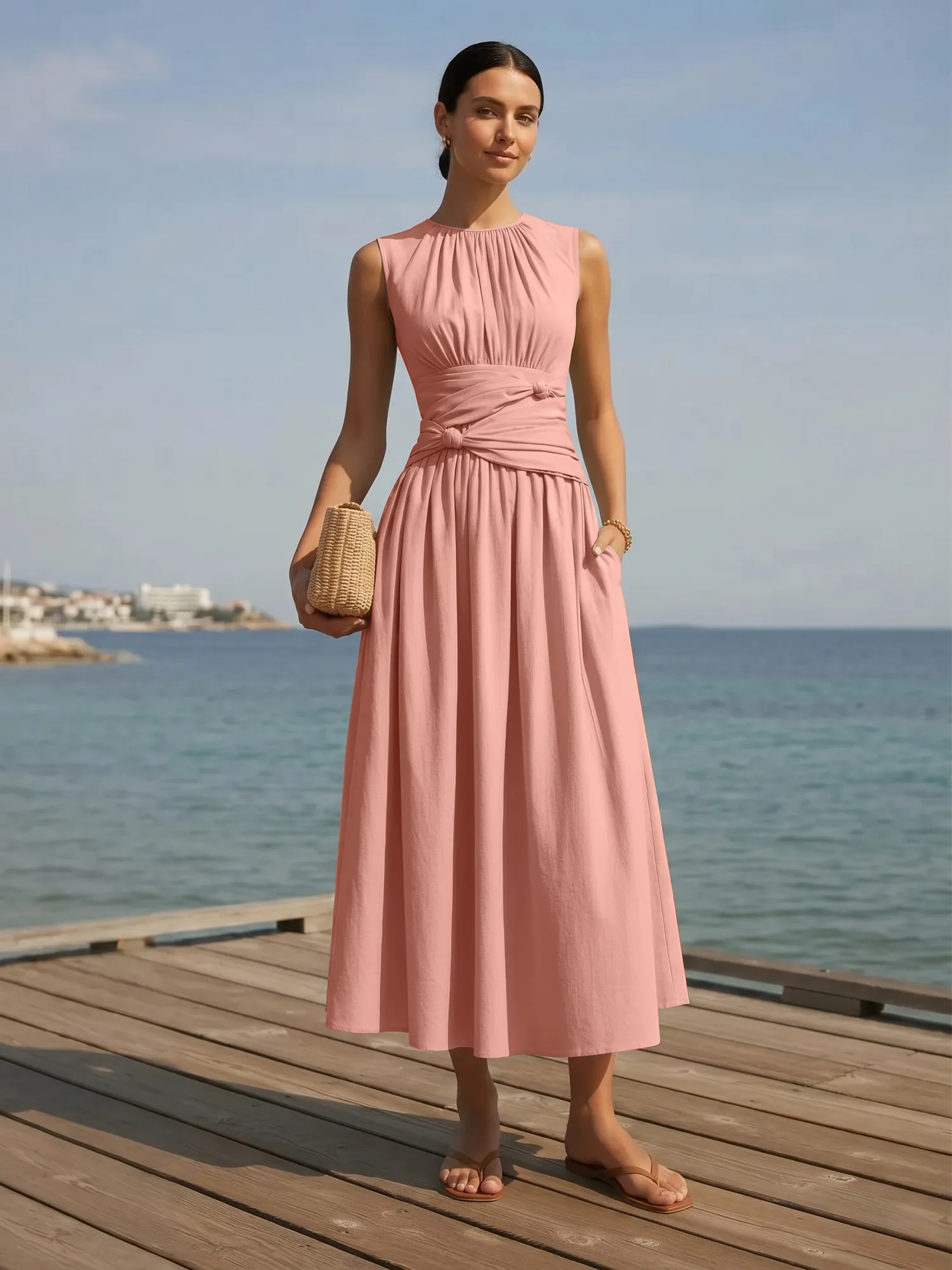 Sleeveless Round Neck Waist-Knot Midi Evening Dress