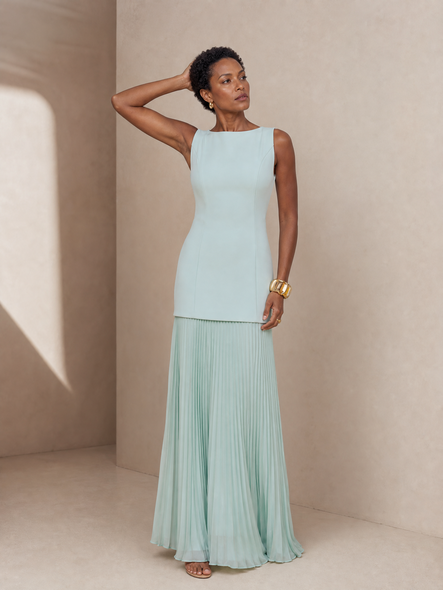 Modern Mint Green Sculptural Pleated Column Formal Evening Dress