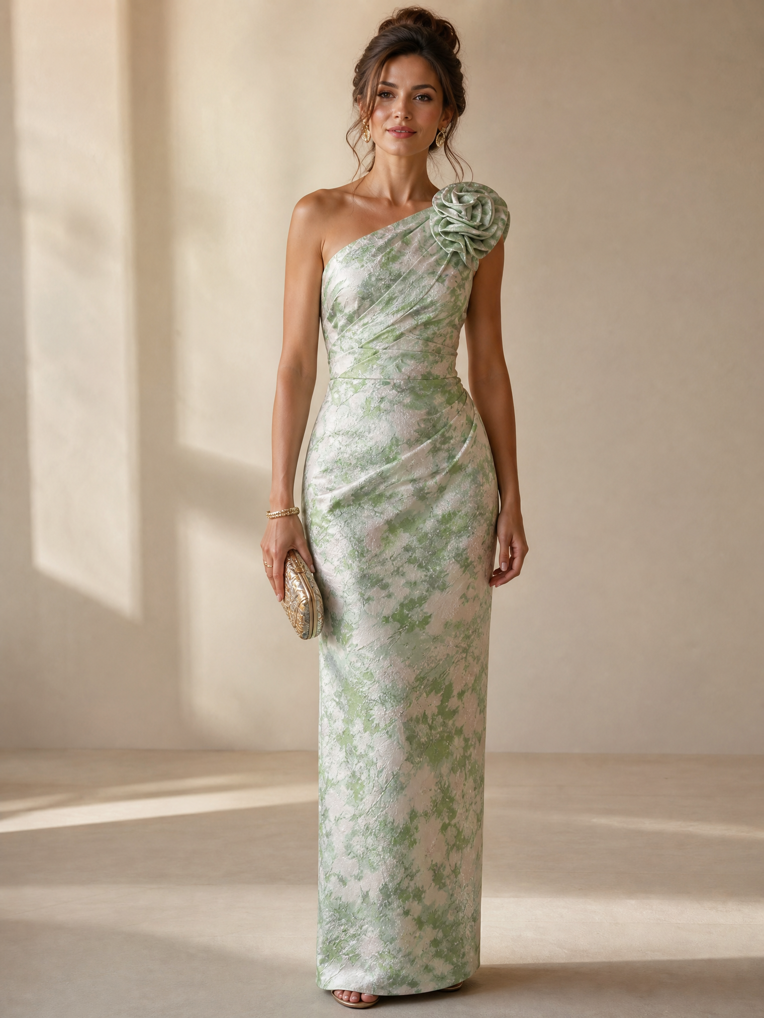 Sculptural Sage Blossom One-Shoulder Column Formal Evening Dress 